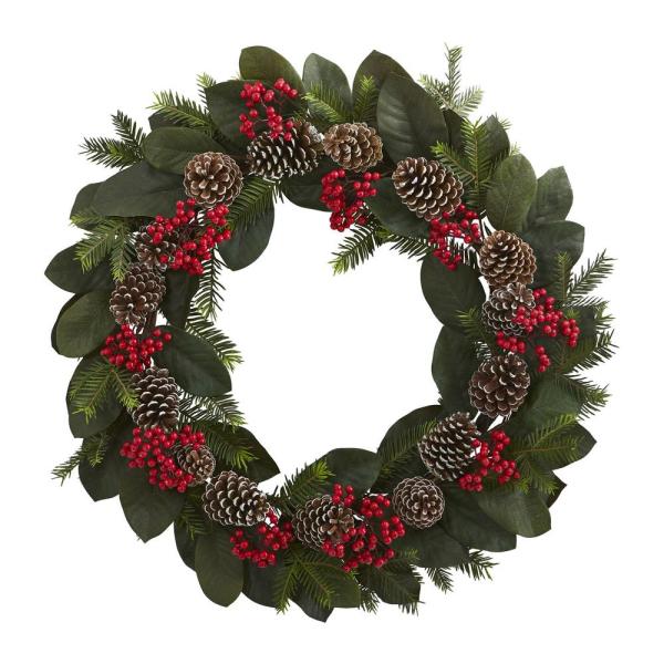 30in. Unlit Artifical Holiday Wreath with Magnolia Leaf, Berry, Pine and Pine Cone