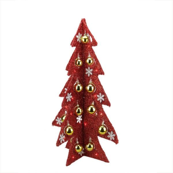28 in. Battery Operated Decorated Red Tinsel LED Lighted Christmas Tree Table Top Decoration