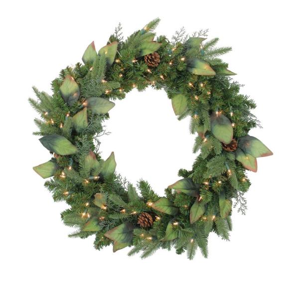 30 in. Pre-Lit Mixed Winter Pine Artificial Christmas Wreath with Clear Lights