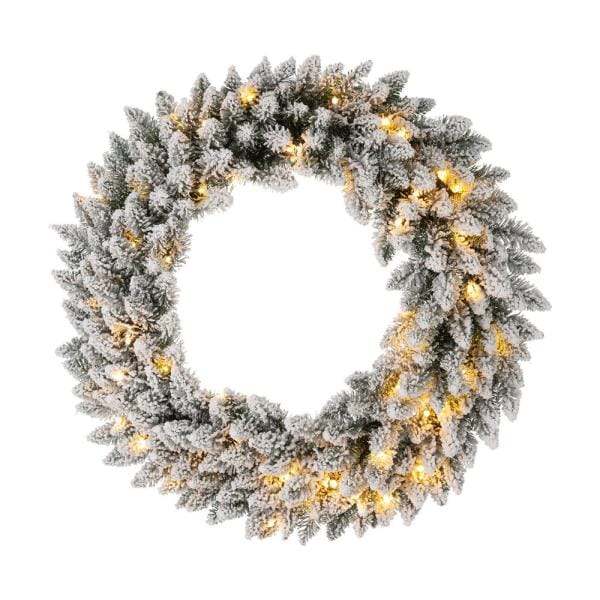 30 in. D Pre-Lit Snow Flocked Artificial Christmas Wreath with 50 Nine Functional White/Multi-color LED Light