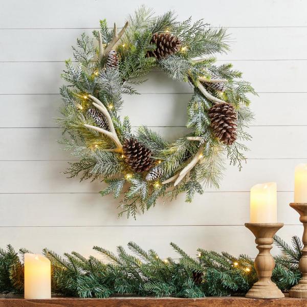 24 in. D Flocked Pinecone and Antler Artificial Christmas Wreath With Lights