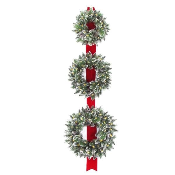Glittery Bristle Triple 77 in. Artificial Wreath Door Hang with Battery Operated Warm White LED Lights