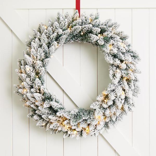 30 in. D Pre-Lit Snow Flocked Artificial Christmas Wreath with 50 Nine Functional White/Multi-color LED Light