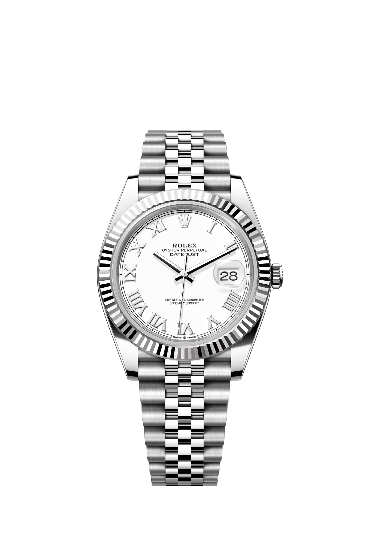 The Oyster Perpetual Datejust 41 is available in white gold and Oystersteel, with a white dial and a Jubilee bracelet. -m126334-0024