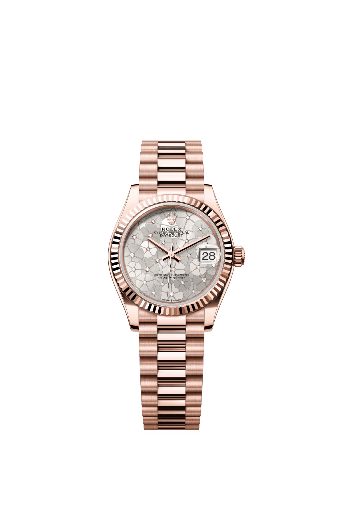 The Oyster Perpetual Datejust 31 in 18-carat Everose gold features a diamond-set silvered floral dial and a President bracelet. -m278275-0045