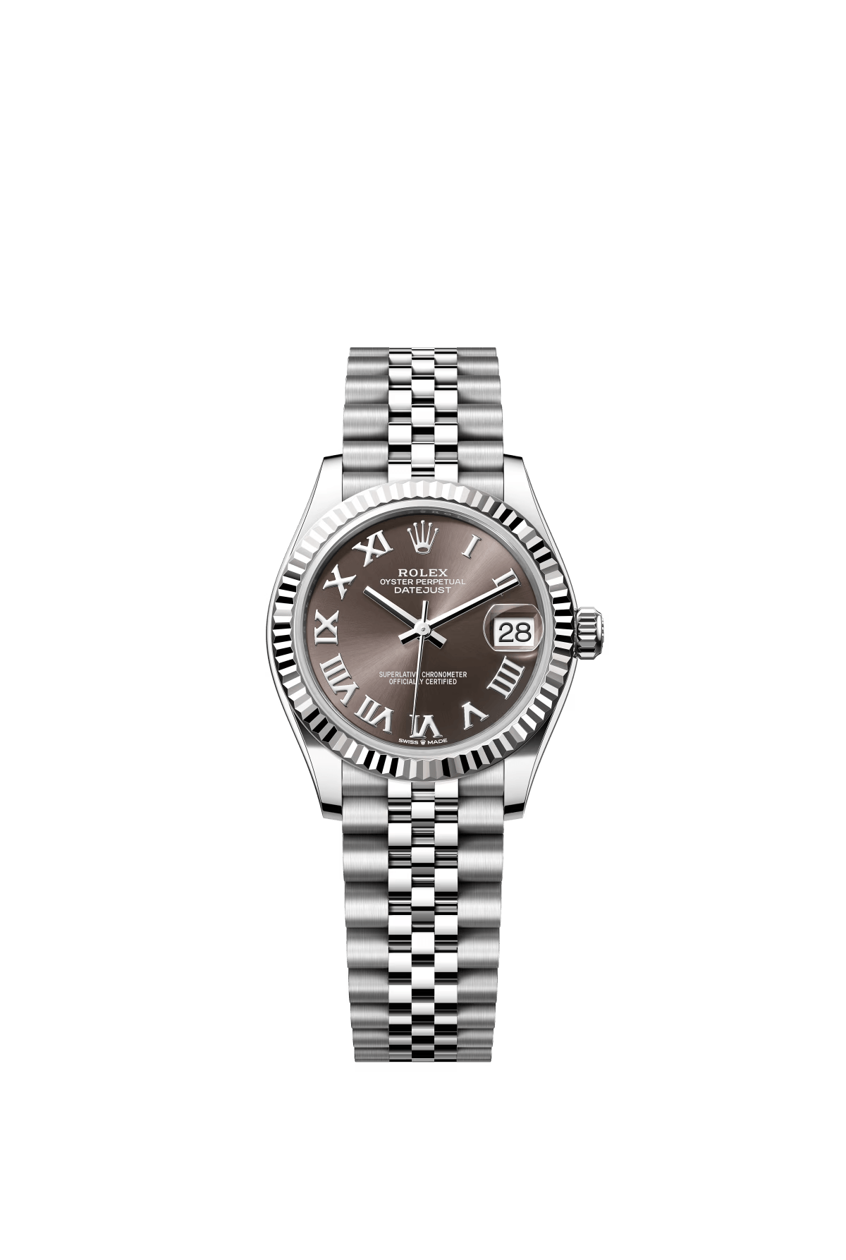 The Oyster Perpetual Datejust 31 is available in white gold and Oystersteel with a dark grey dial and a Jubilee bracelet. -m278274-0022