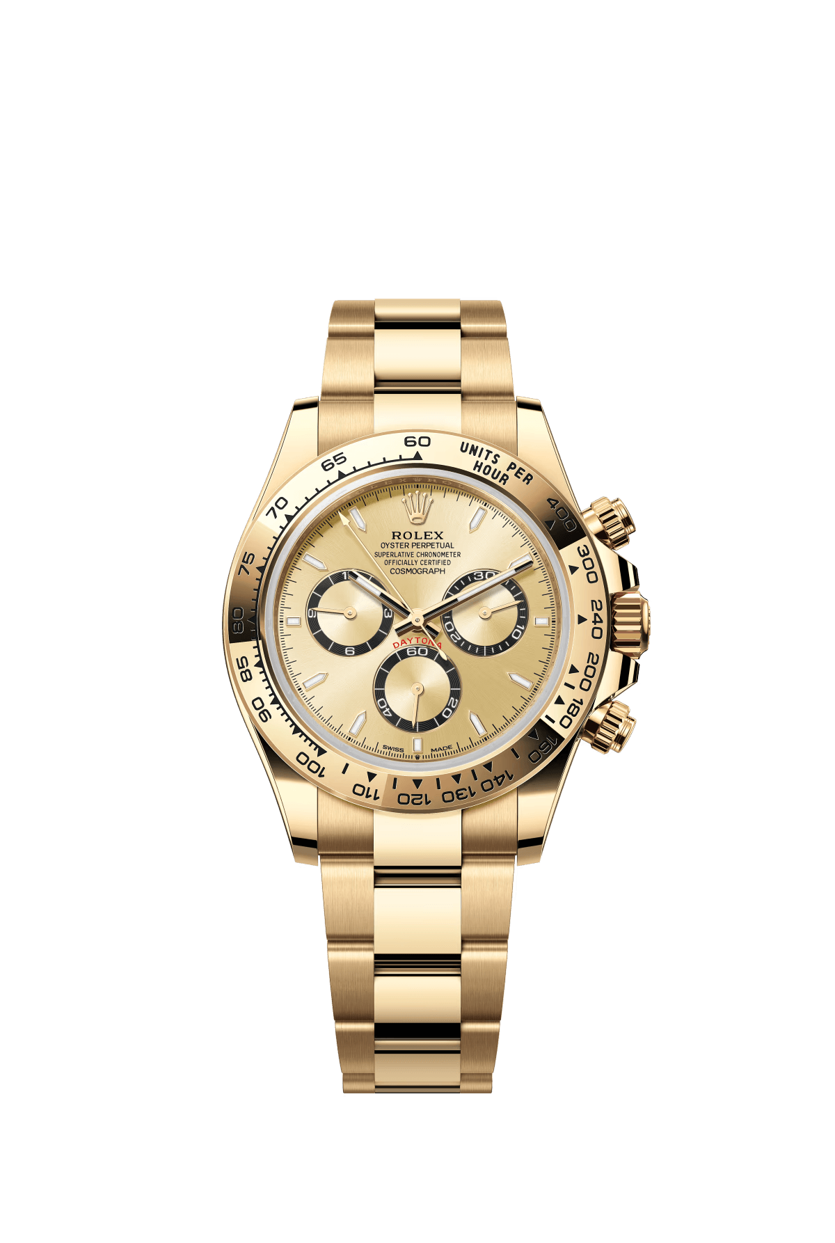The Oyster Perpetual Cosmograph Daytona is available in 18 ct yellow gold with a gold-toned dial and contrasting chronograph counters. The watch is fitted with an Oyster bracelet and an 18-carat yellow gold bezel engraved with a tachymeter. -m126508-