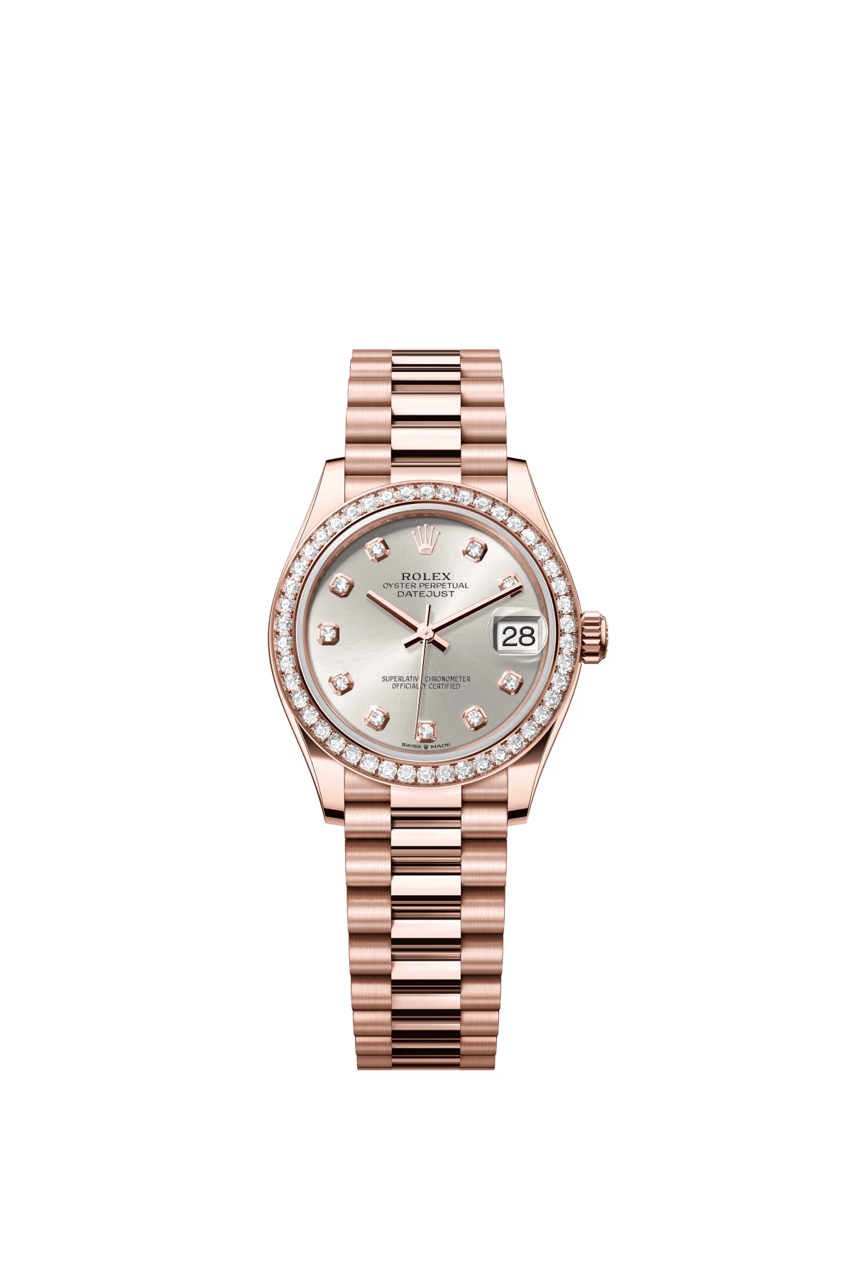 The Oyster Perpetual Datejust 31 in 18 ct Everose gold with a silver-toned diamond-set dial and a President bracelet. -m278285rbr-0030