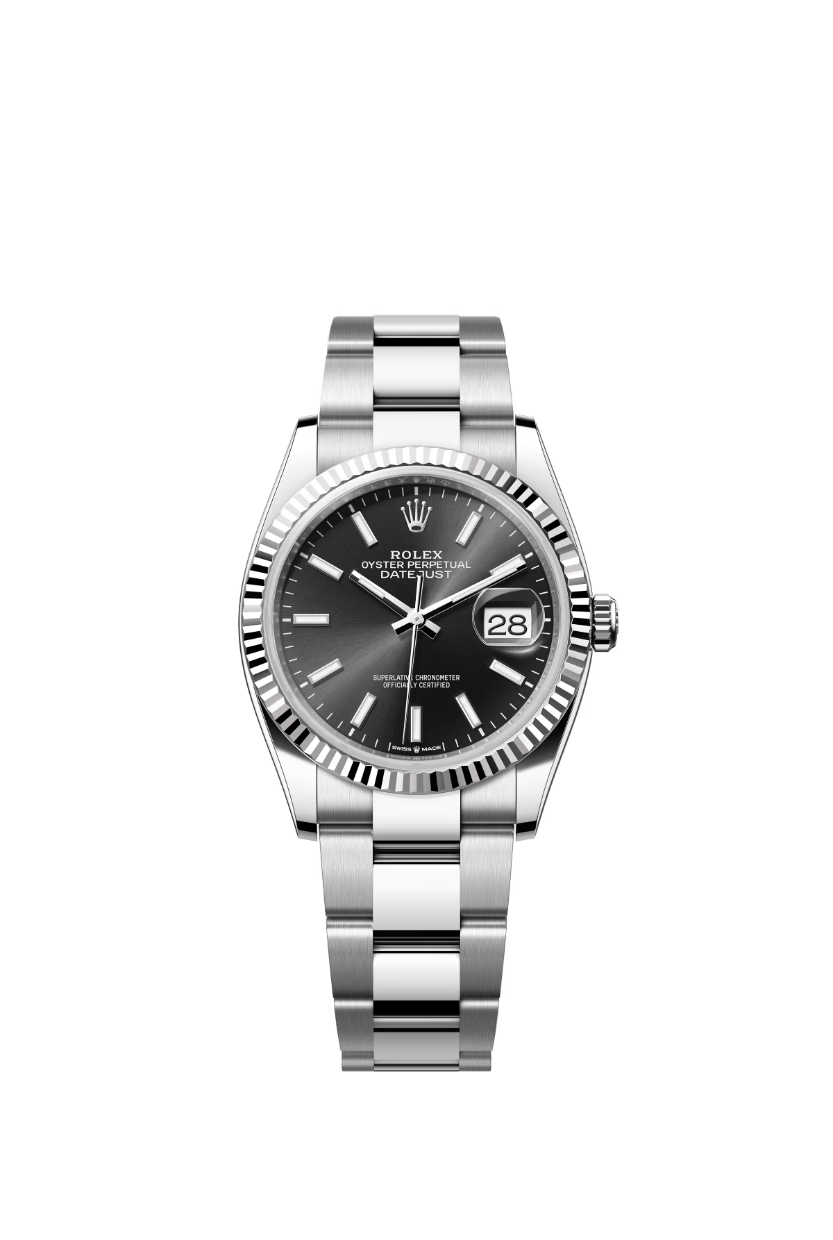 The Oyster Perpetual Datejust 36 is available in white gold and Oystersteel with a glossy black dial and an Oyster bracelet. -m126234-0016