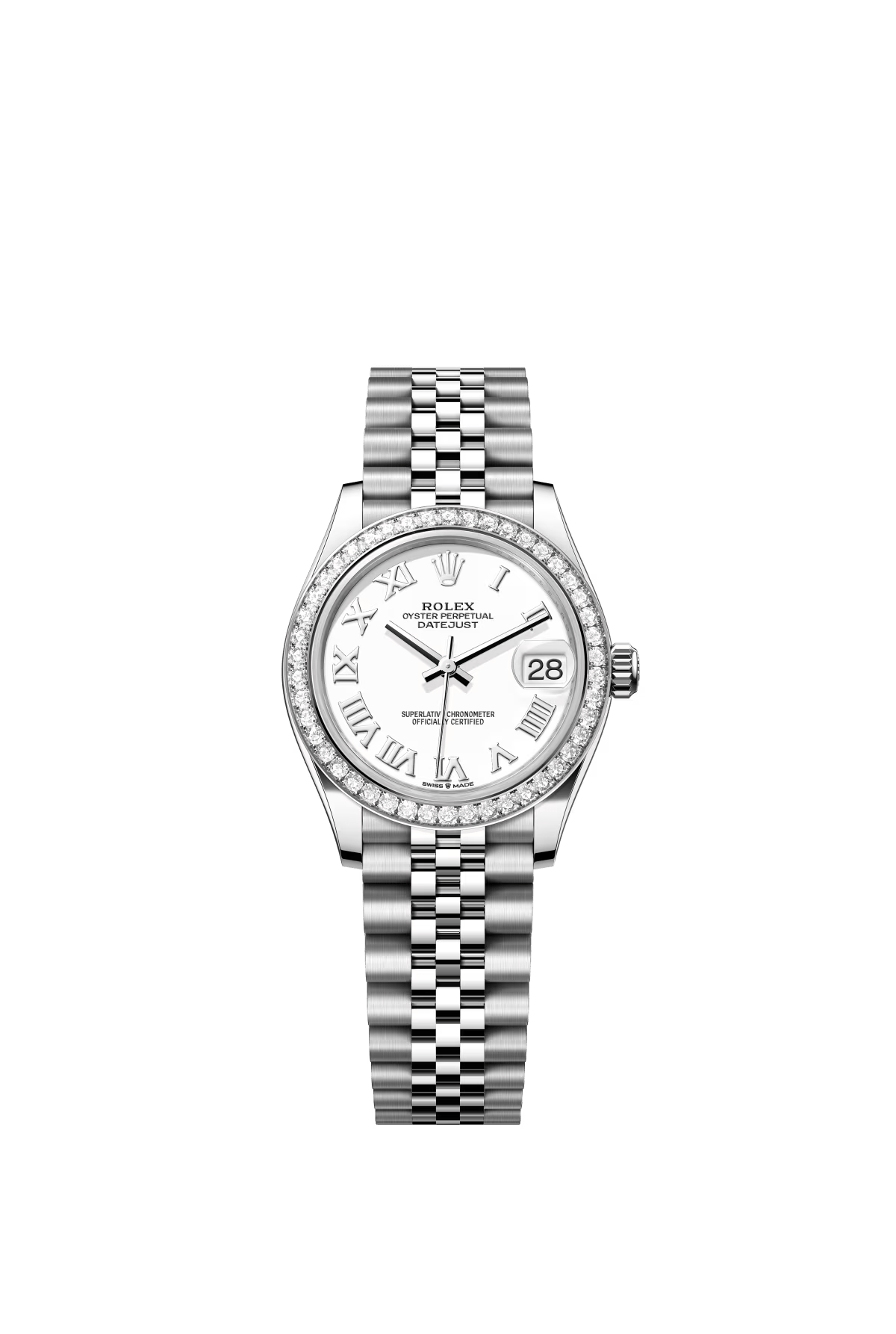 The Oyster Perpetual Datejust 31 is available in white gold and Oystersteel with a white dial and Jubilee bracelet. -m278384rbr-0014