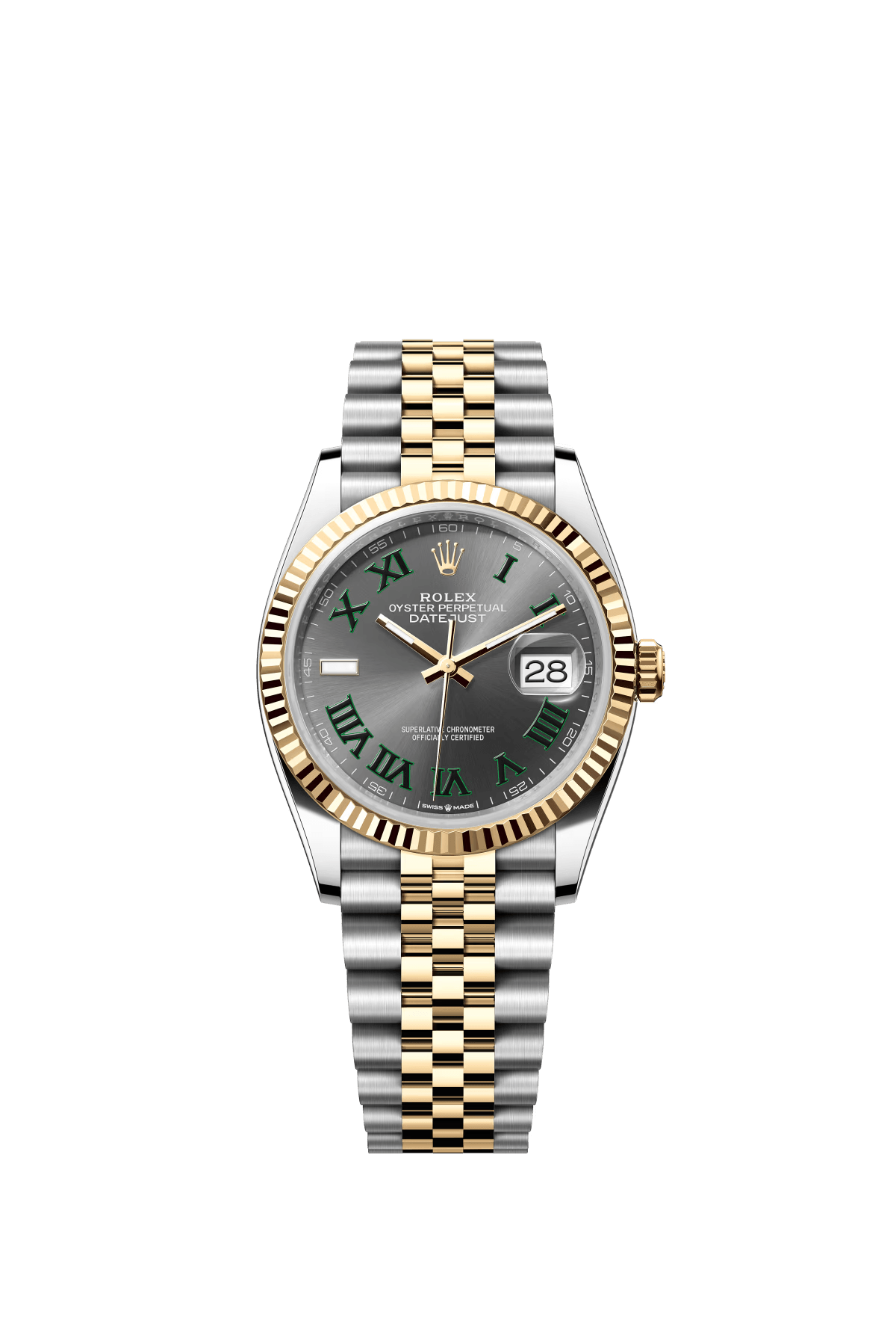 The Oyster Perpetual Datejust 36 is available in yellow gold and Oystersteel with a slate-grey dial and a Jubilee bracelet. -m126233-0035