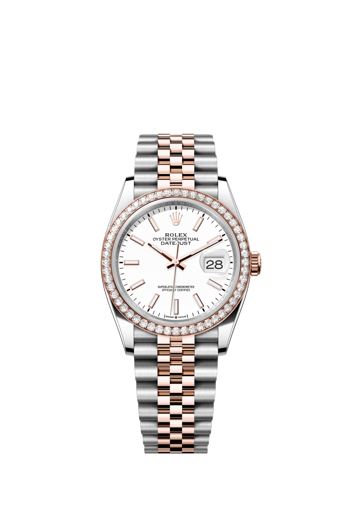 The Oyster Perpetual Datejust 36 is available in Everose gold and Oystersteel with a white dial and a Jubilee bracelet. -m126281rbr-0005