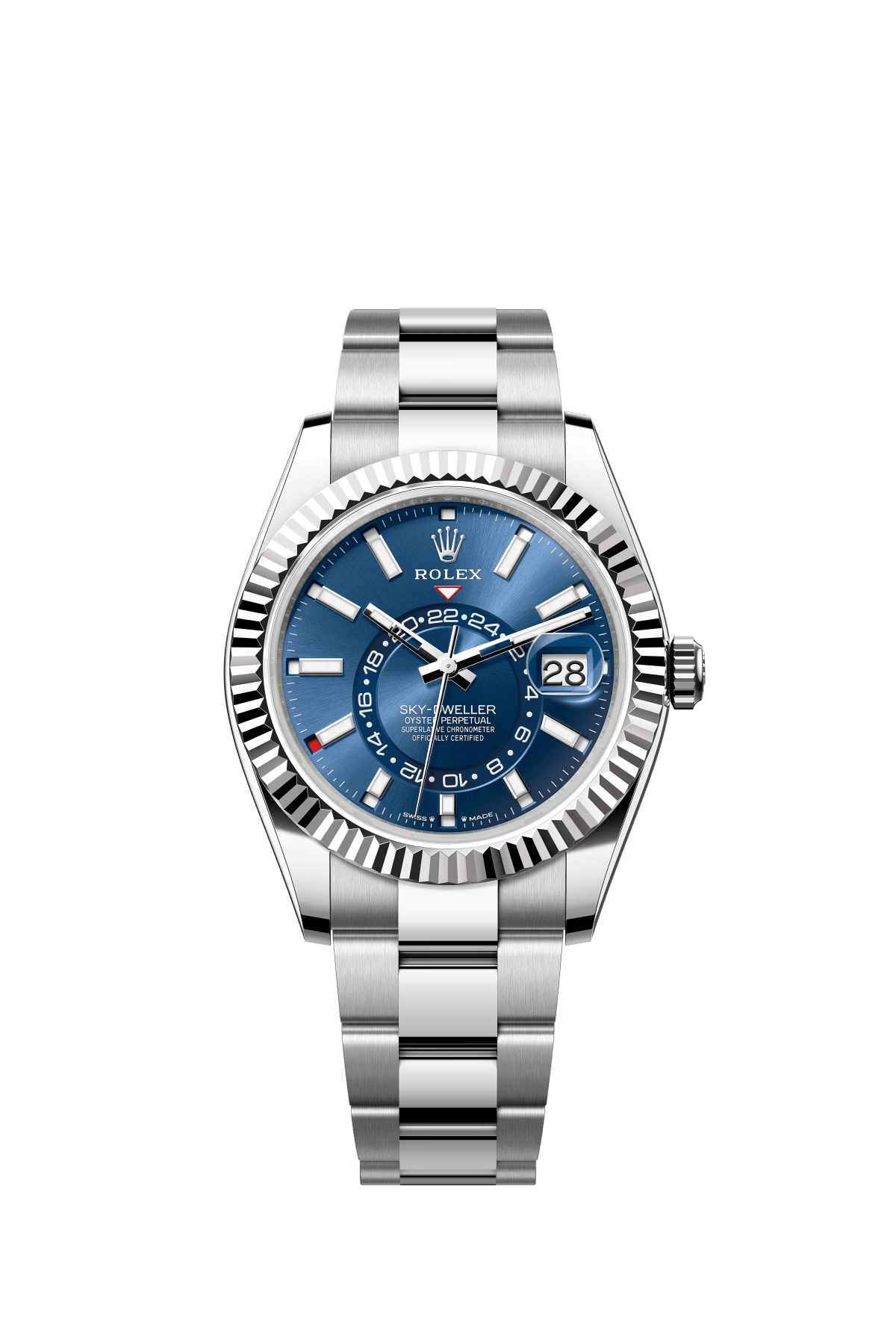 The Oyster Perpetual Sky-Dweller is available in white gold and Oystersteel with a bright blue dial and an Oyster bracelet. -m336934-0005 42mm