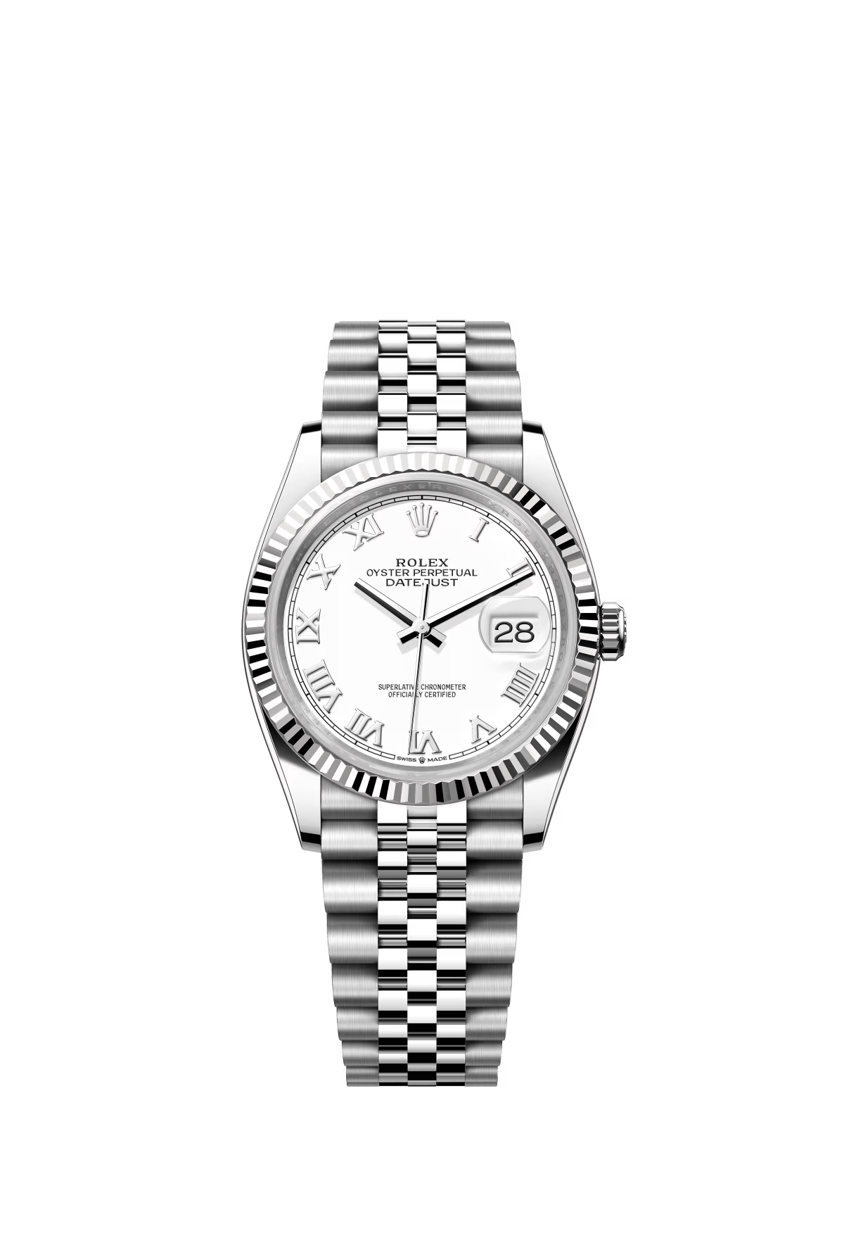 The Oyster Perpetual Datejust 36 is available in white gold and Oystersteel with a white dial and a Jubilee bracelet. -m126234-0025