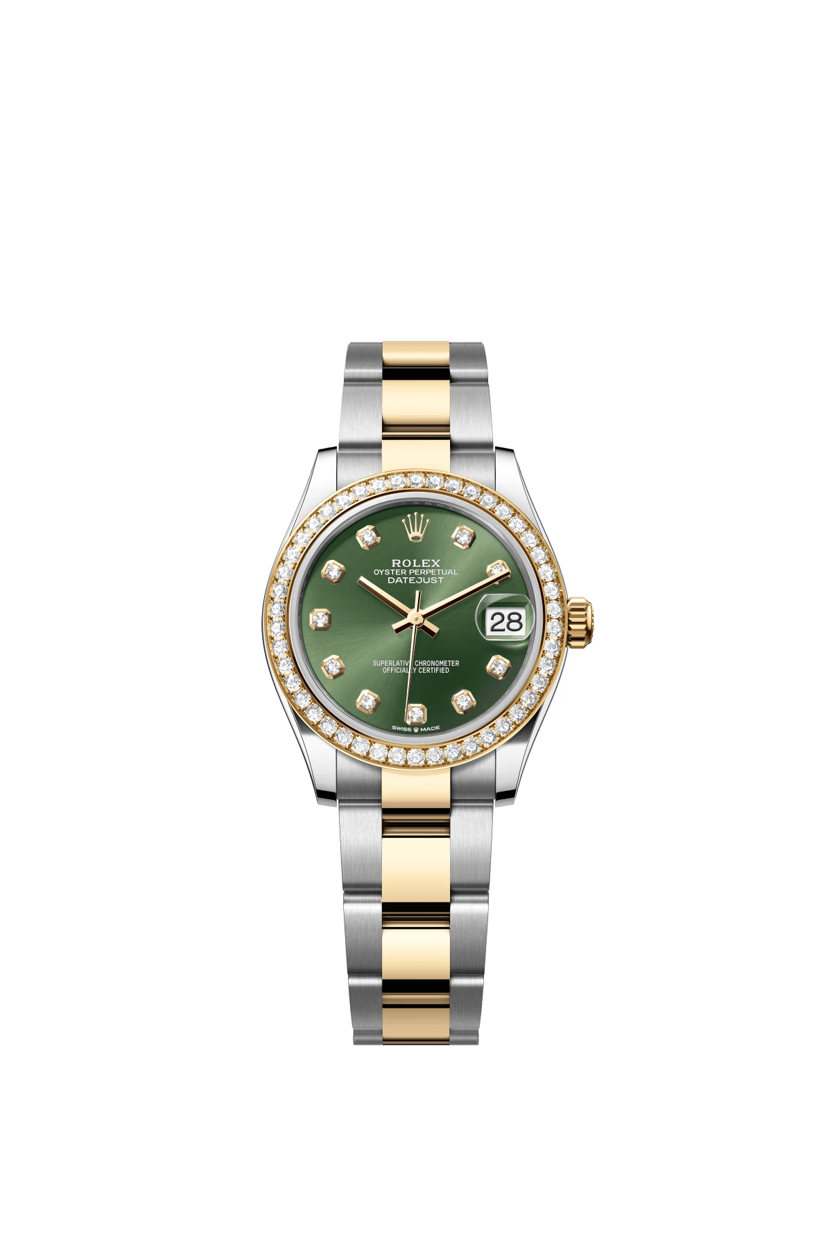 The Oyster Perpetual Datejust 31 is available in yellow gold and Oysteel, with a diamond-set olive green dial and an Oyster bracelet. -m278383rbr-0029