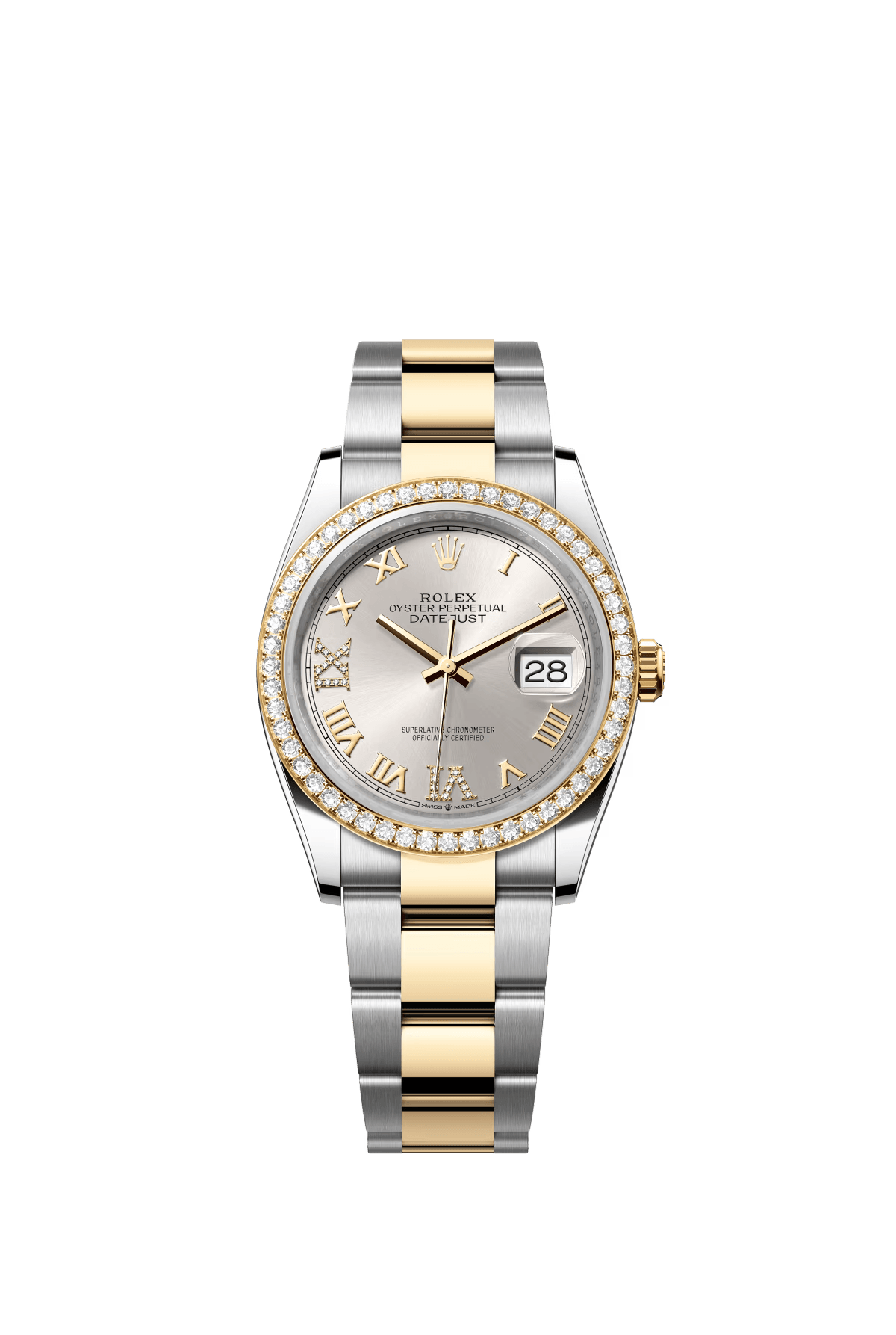 The Oyster Perpetual Datejust 36 is available in yellow gold and Oysteel with a diamond-set silver dial and an Oyster bracelet. -m126283rbr-0018