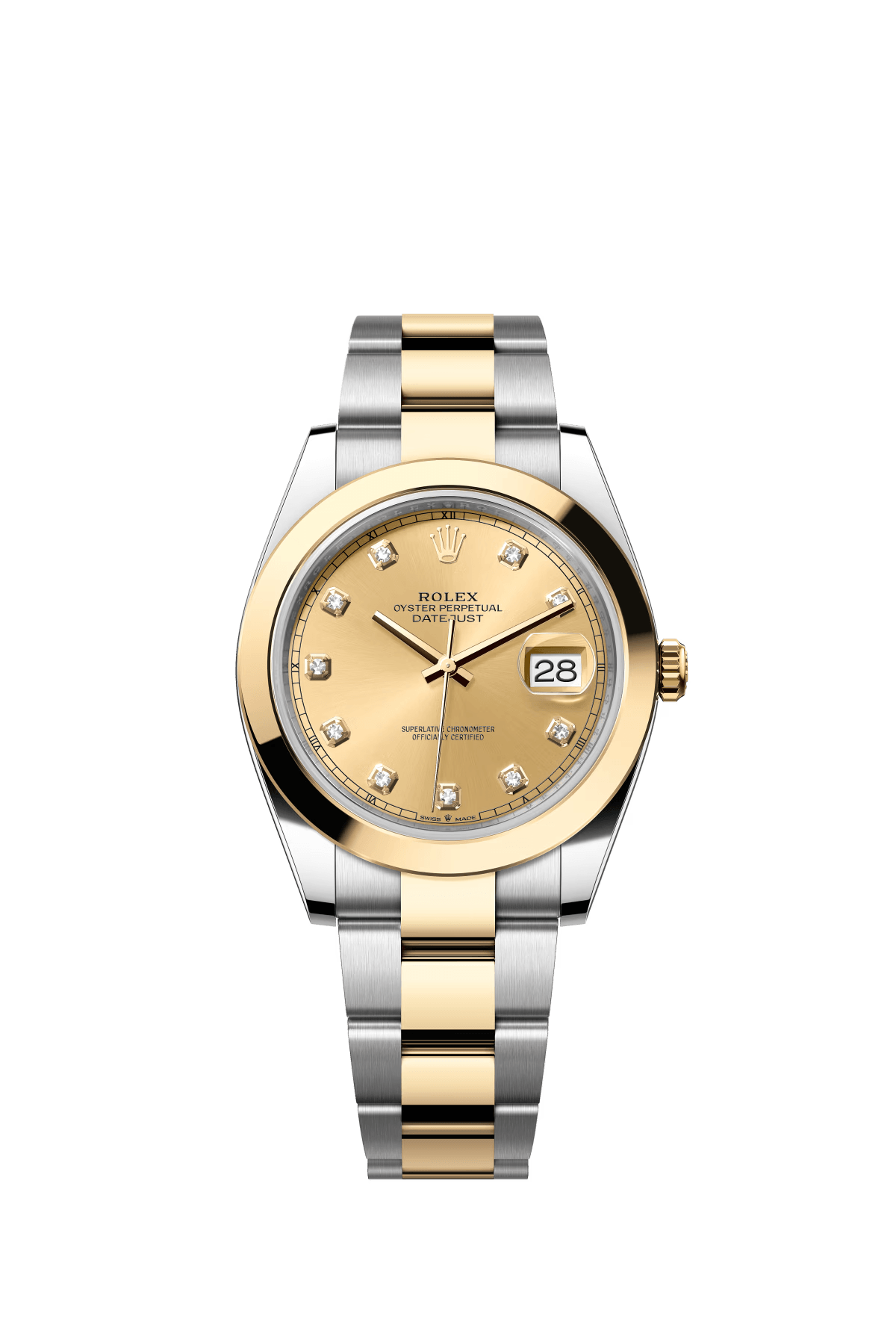The Oyster Perpetual Datejust 41 is available in yellow gold and Oysteel, with a champagne-coloured diamond-set dial and an Oyster bracelet. -m126303-0011