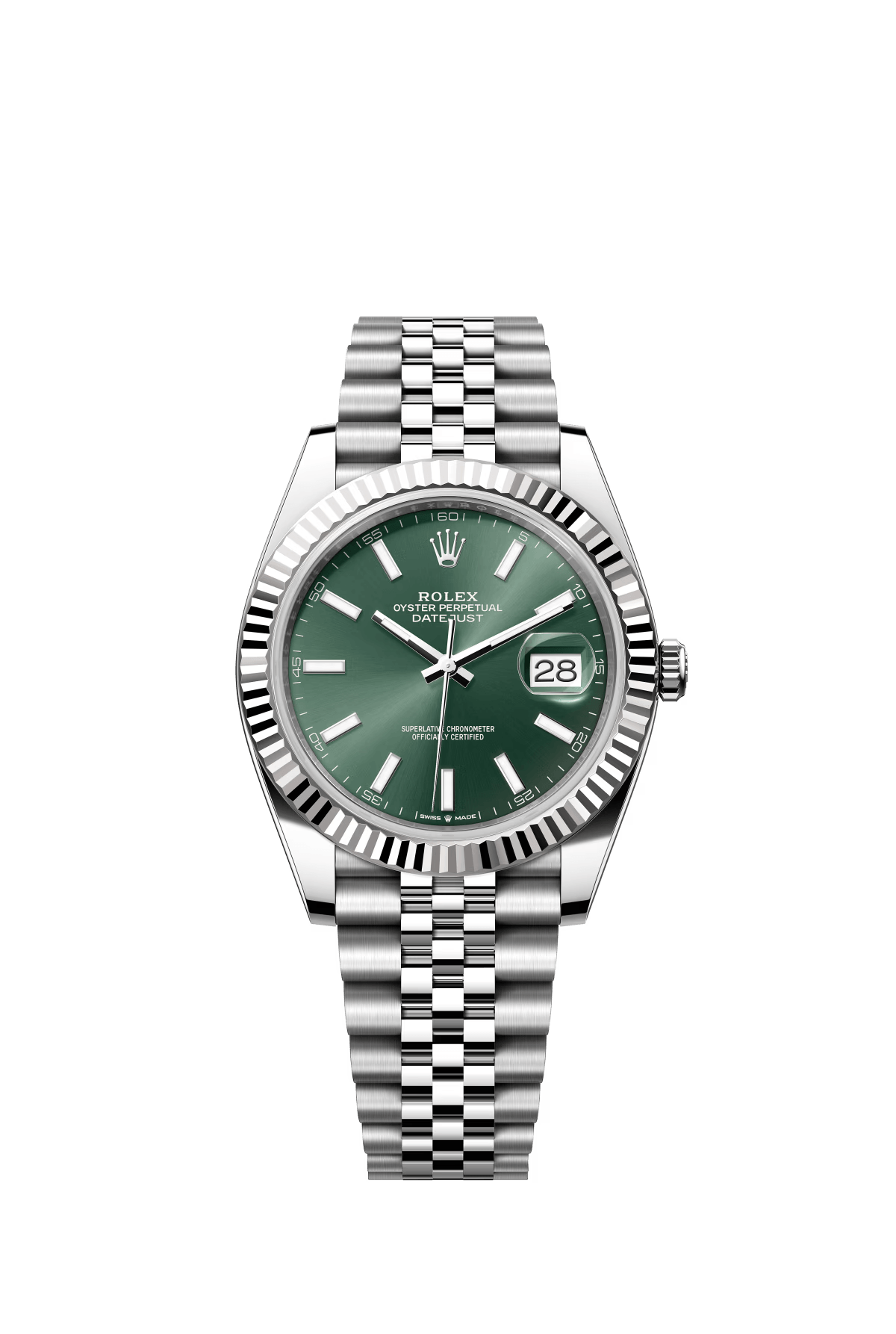 The Oyster Perpetual Datejust 41 is available in white gold and Oystersteel with a mint green dial and a Jubilee bracelet. -m126334-0028