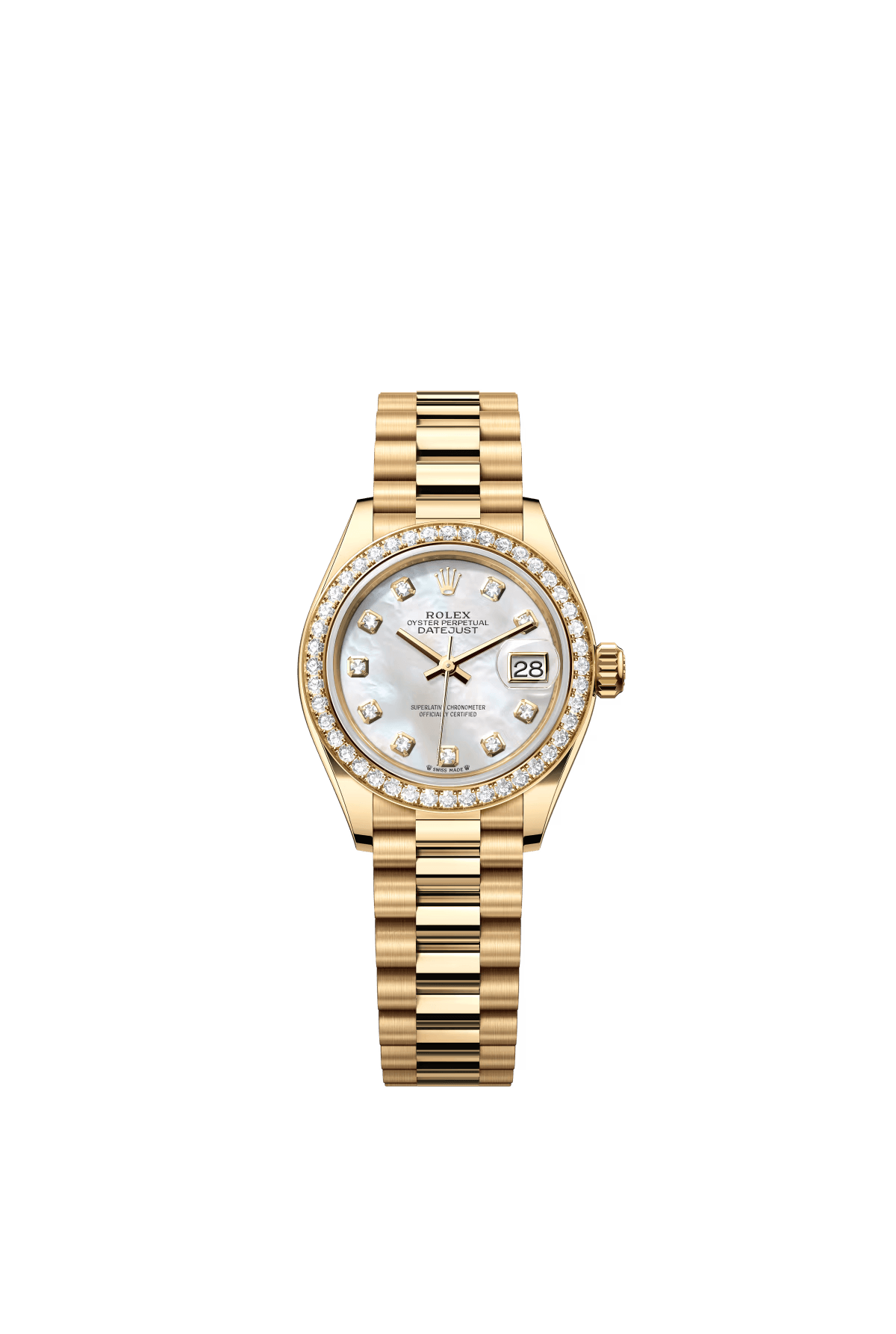 The Oyster Perpetual Lady-Datejust in 18 ct yellow gold with a diamond-set white mother-of-pearl dial and a President bracelet. -m279138rbr-0015 28mm