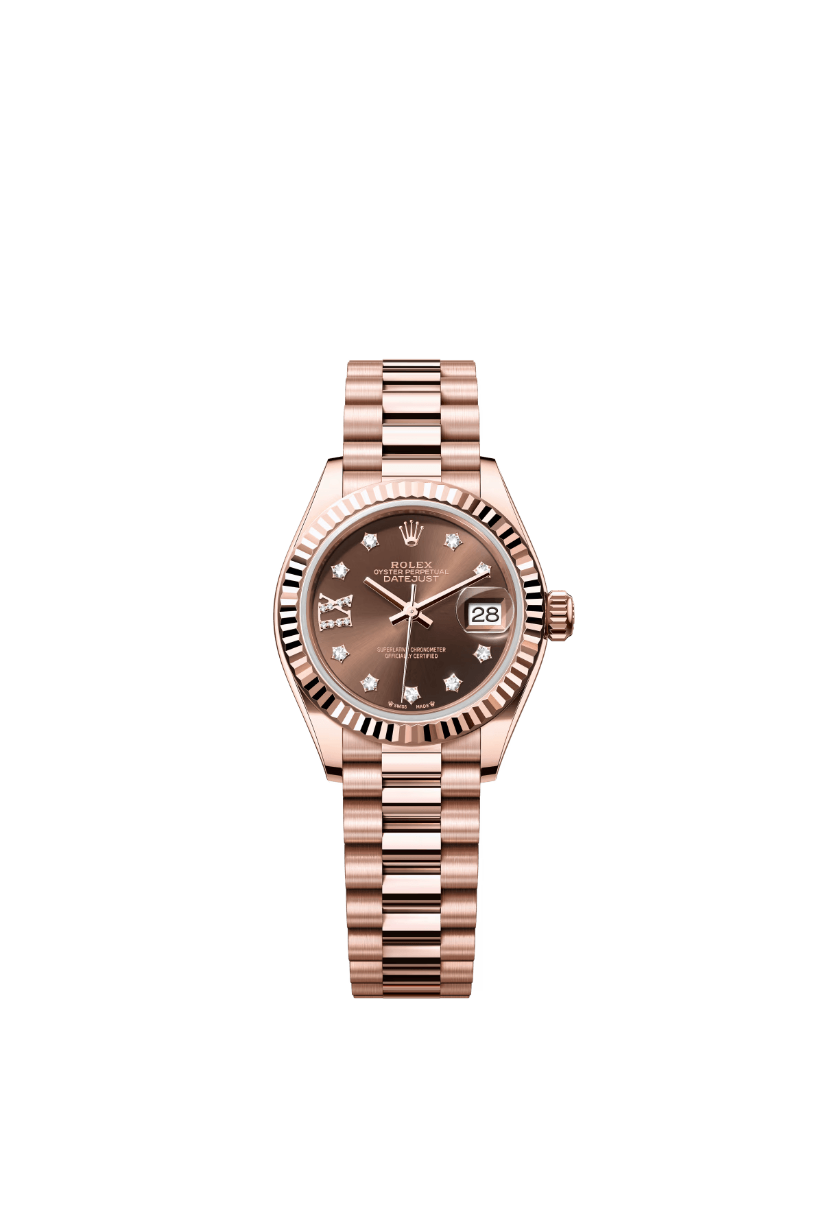 The Oyster Perpetual Lady-Datejust in 18 ct Everose gold with a chocolate-coloured diamond-set dial and a President bracelet. -m279175-0002 28mm