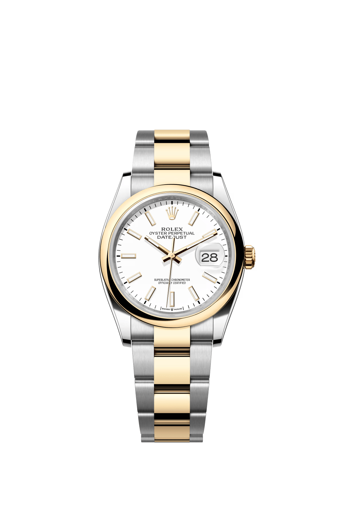 The Oyster Perpetual Datejust 36 is available in yellow gold and Oystersteel with a white dial and Oyster bracelet. -m126203-0020