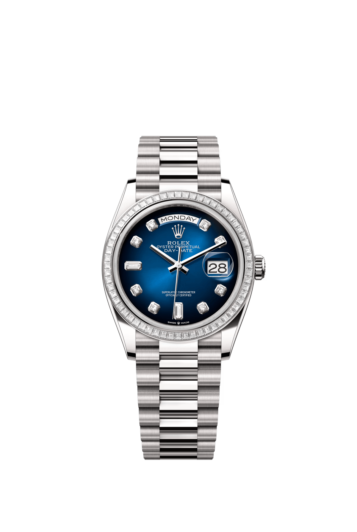 The Oyster Perpetual Day-Date 36 in 18 ct white gold features a graduated blue dial set with diamonds, a diamond-set bezel and a President bracelet. -m128399tbr-0007