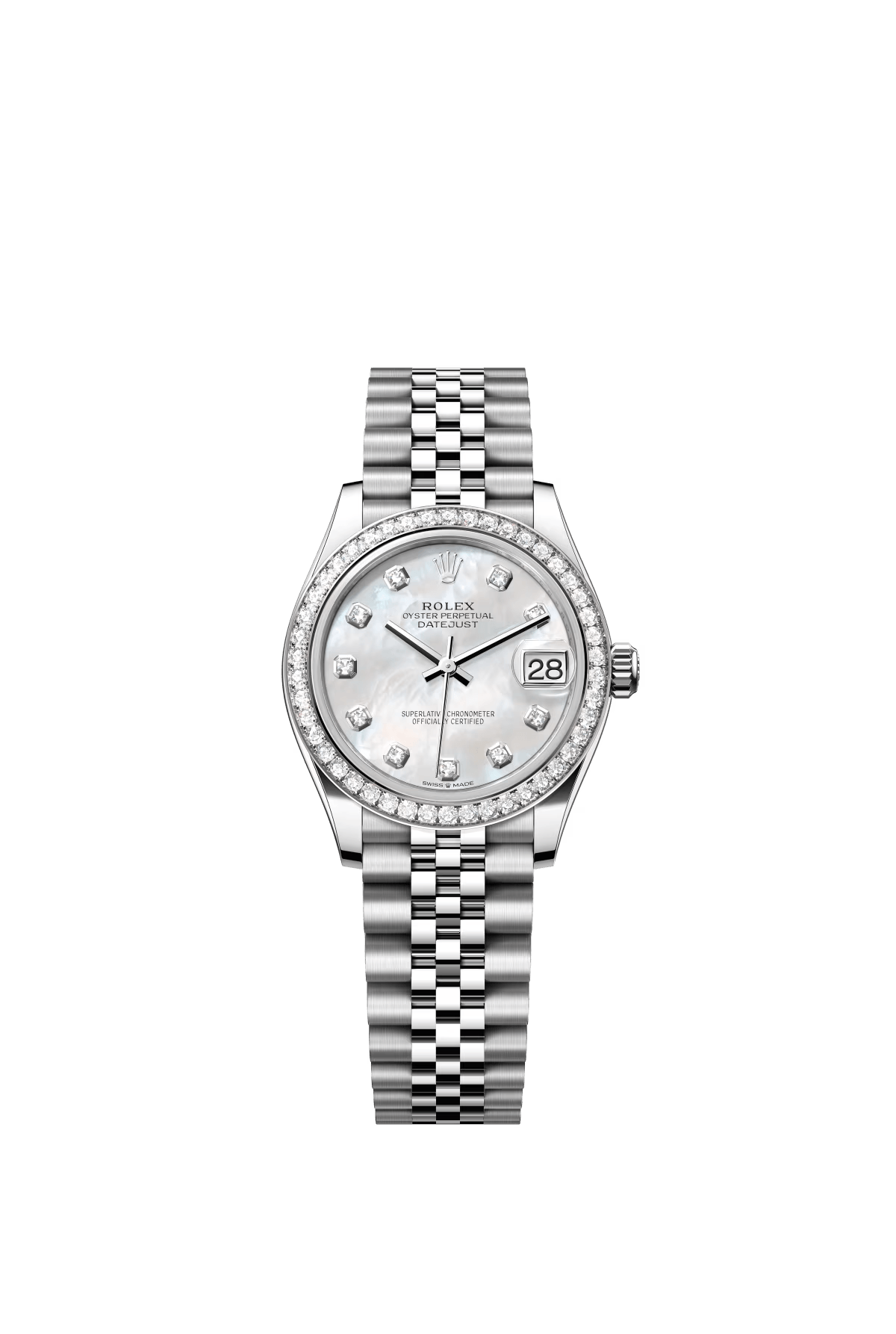 The Oyster Perpetual Datejust 31 in white gold and Oystersteel with a diamond-set white mother-of-pearl dial and a Jubilee bracelet. -m278384rbr-0008