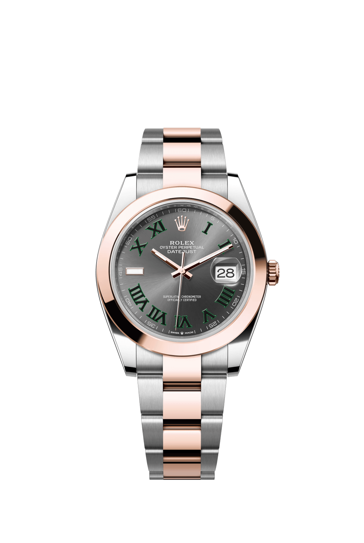 The Oyster Perpetual Datejust 41 is available in Everose gold and Oystersteel, with a slate-grey dial and an Oyster bracelet. -m126301-0015