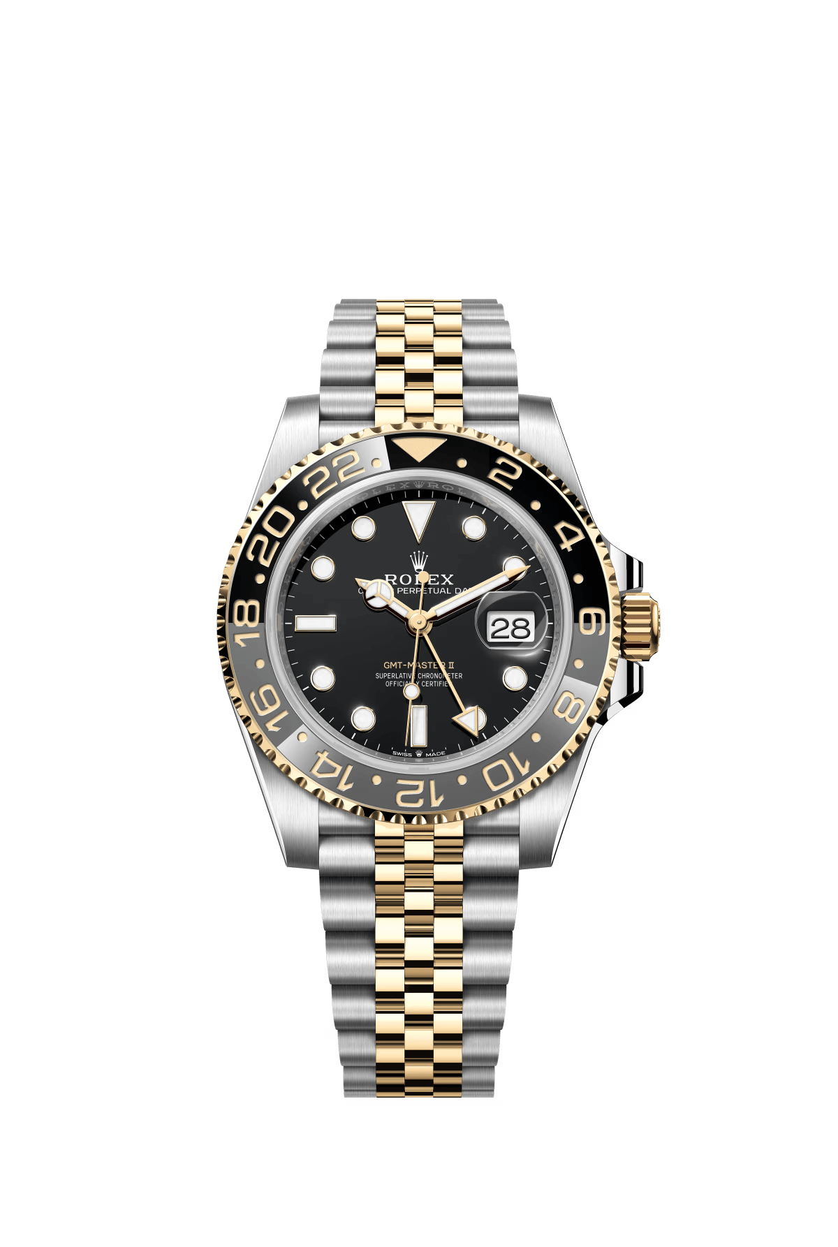 The Oyster Perpetual GMT-Master II is available in yellow gold and Oystersteel with a black dial and a Jubilee bracelet. -m126713grnr-0001 40mm