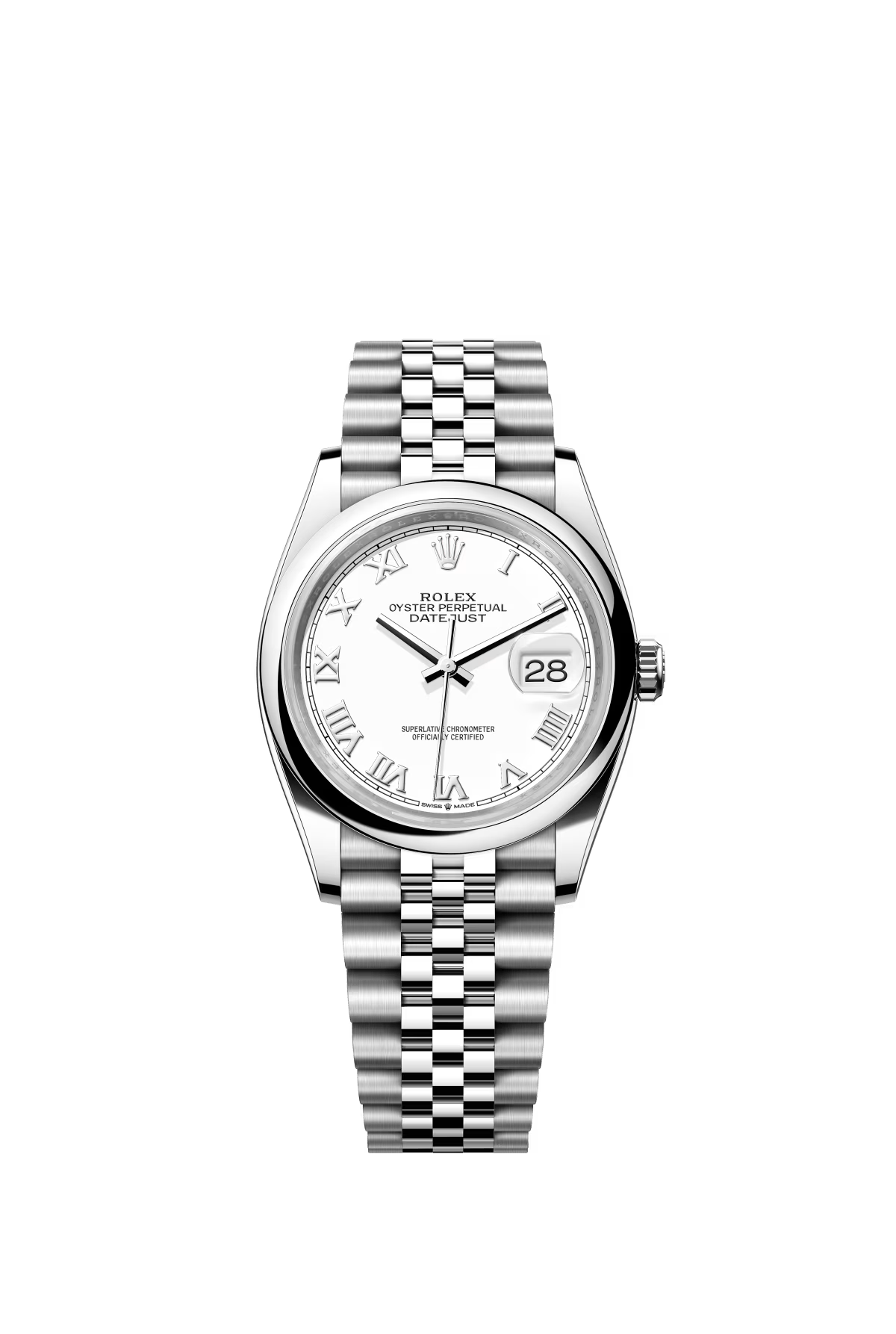 The Oyster Perpetual Datejust 36 is available in Oyster steel with a white dial and a Jubilee bracelet. -m126200-0007