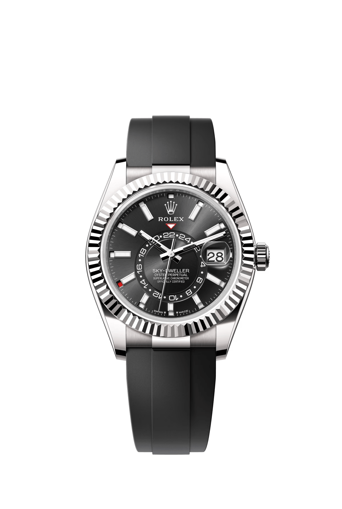 The Oyster Perpetual Sky-Dweller is available in 18 ct white gold with a glossy black dial and an Oysterflex strap. -m336239-0002 42mm