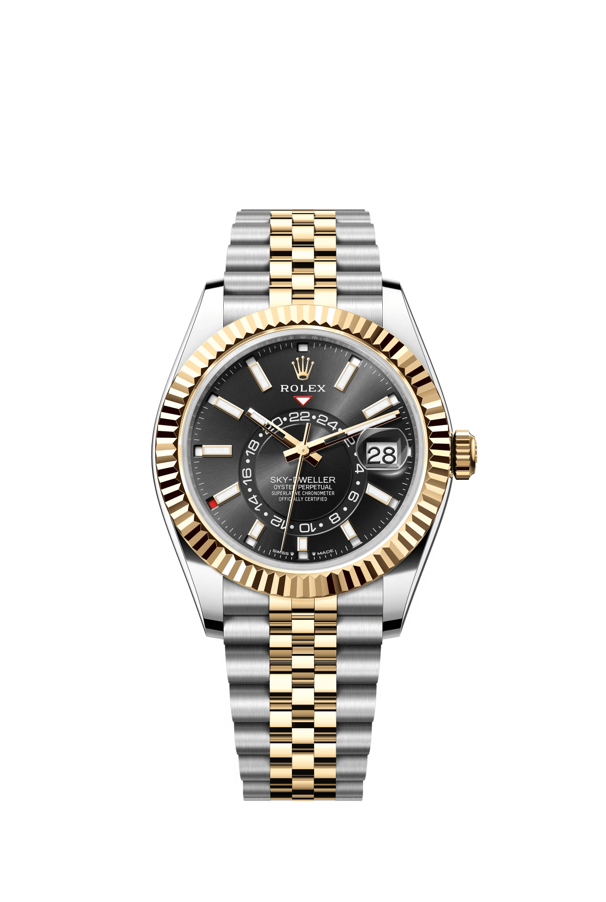The Oyster Perpetual Sky-Dweller in yellow gold and Oystersteel with a glossy black dial and a Jubilee bracelet. -m336933-0004 42mm