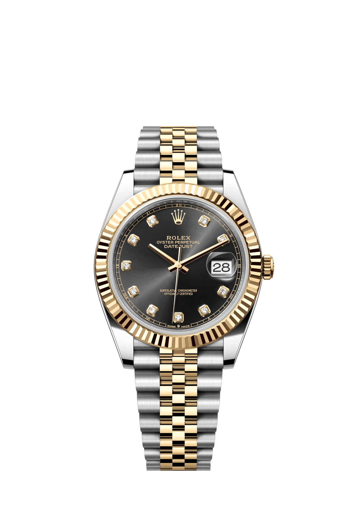 The Oyster Perpetual Datejust 41 is available in yellow gold and Oystersteel with a shiny black diamond-set dial and a Jubilee bracelet. -m126333-0006