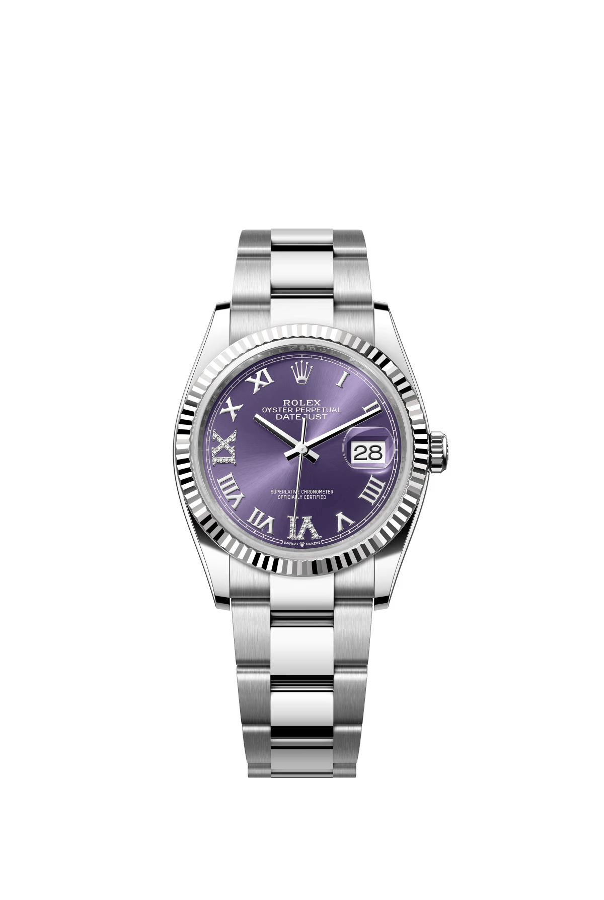 The Oyster Perpetual Datejust 36 is available in white gold and Oystersteel, with a diamond-set eggplant purple dial and an Oyster bracelet. -m126234-0022