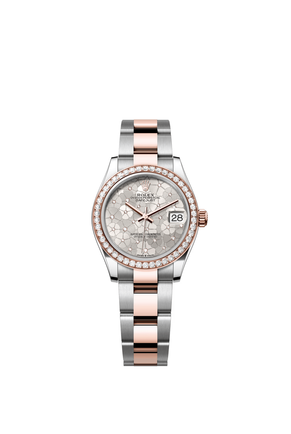 The Oyster Perpetual Datejust 31 is available in Everose gold and Oystersteel with a diamond-set silver-toned floral dial and an Oyster bracelet. -m278381rbr-0031