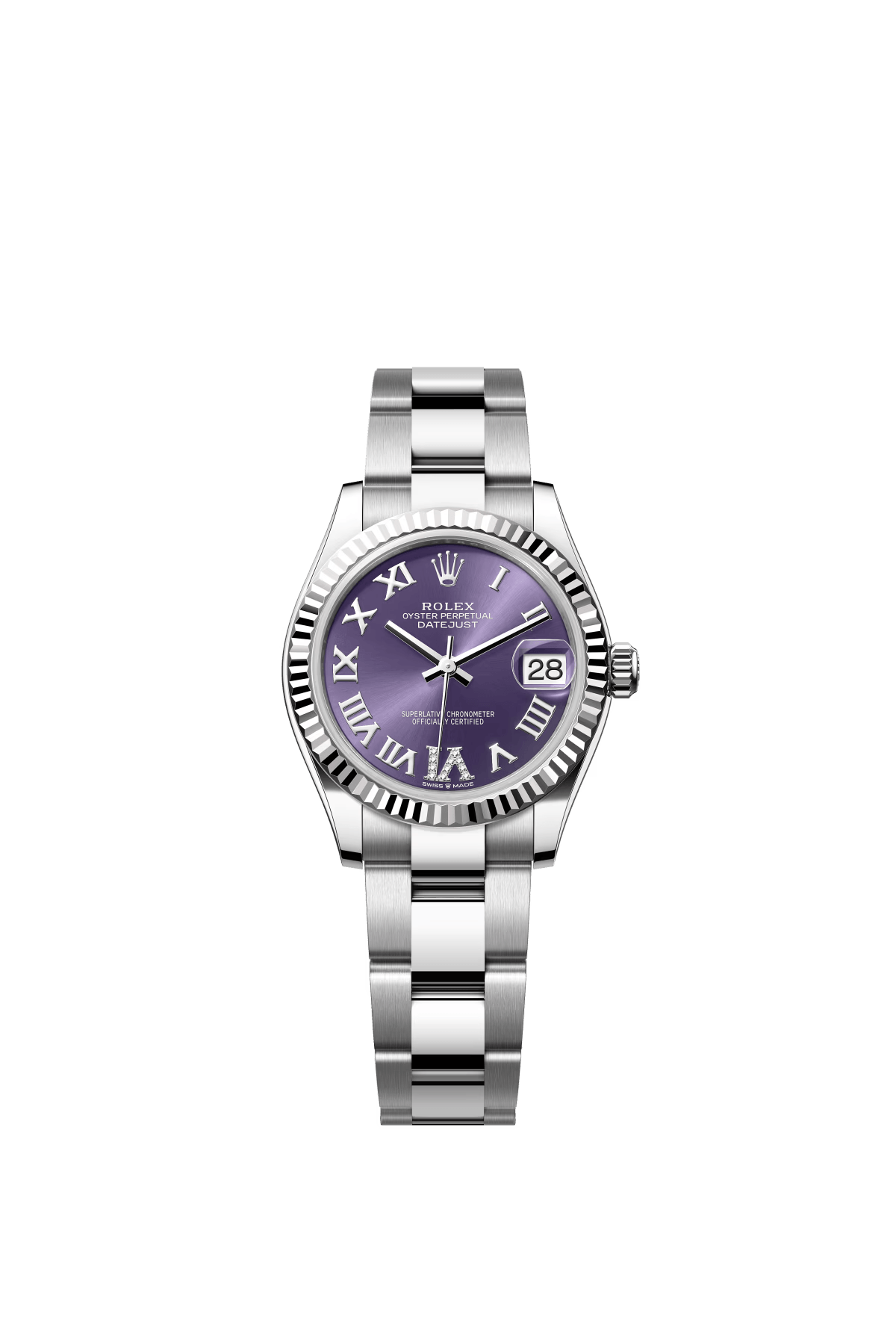 The Oyster Perpetual Datejust 31 is available in white gold and Oystersteel with a diamond-set eggplant purple dial and an Oyster bracelet. -m278274-0025