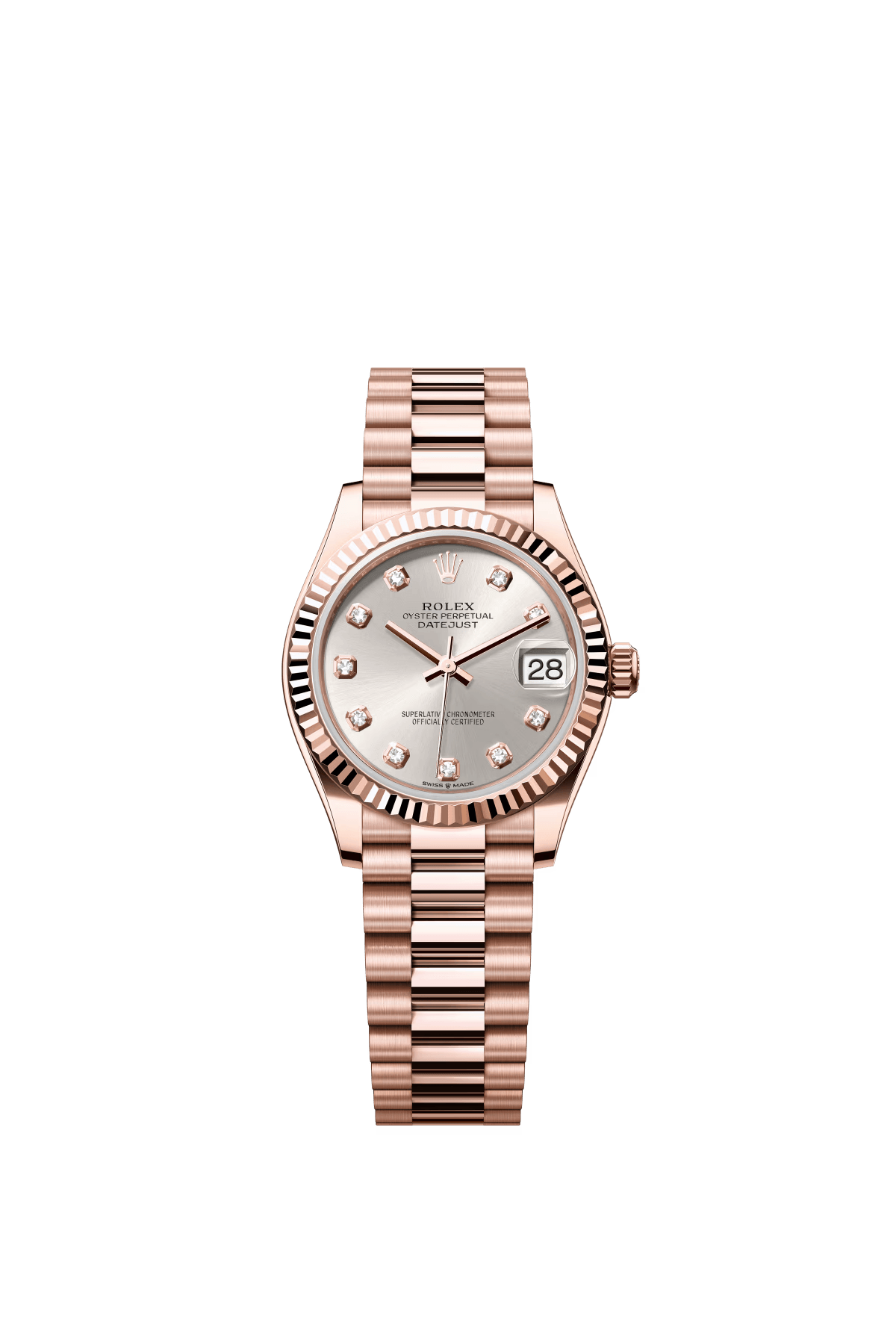 The Oyster Perpetual Datejust 31 in 18 ct Everose gold with a silver-toned diamond-set dial and a President bracelet. -m278275-0039