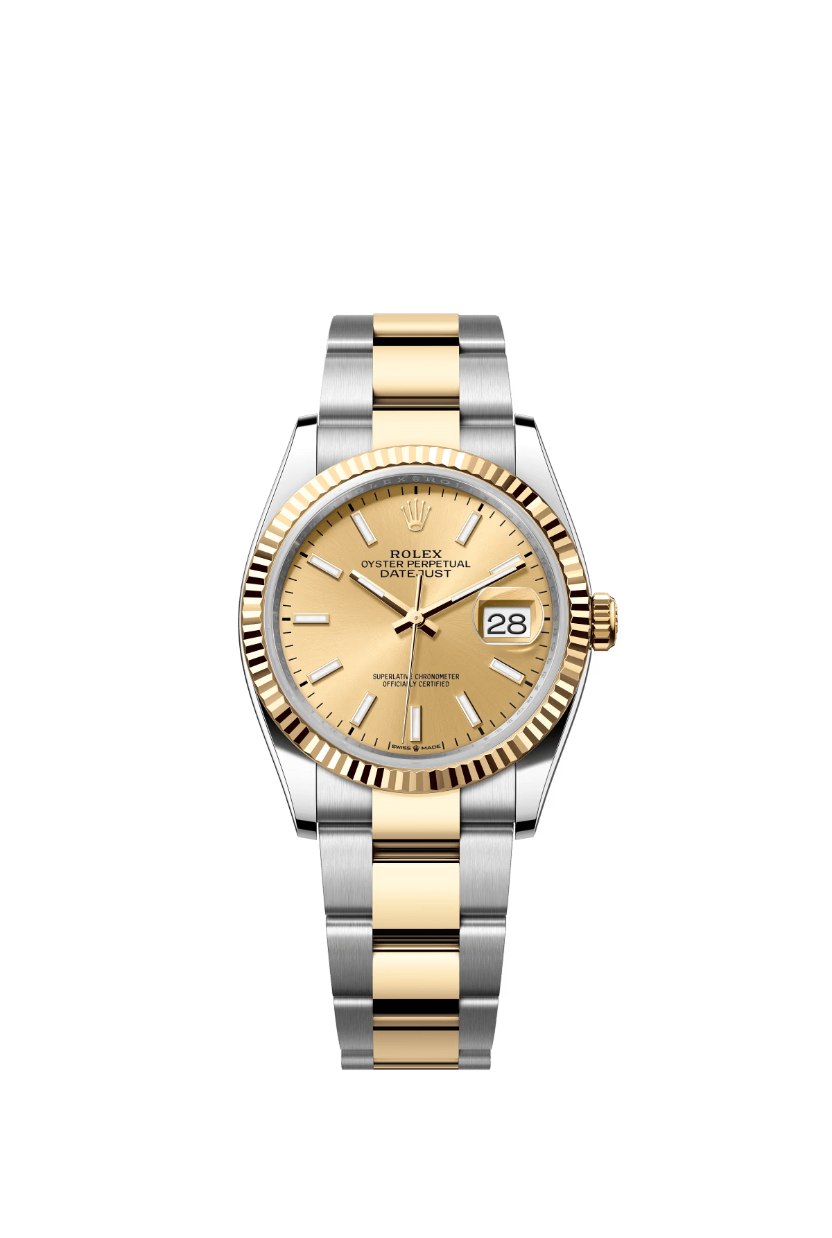 The Oyster Perpetual Datejust 36 is available in yellow gold and Oysteel, with a champagne-coloured dial and an Oyster bracelet. -m126233-0016