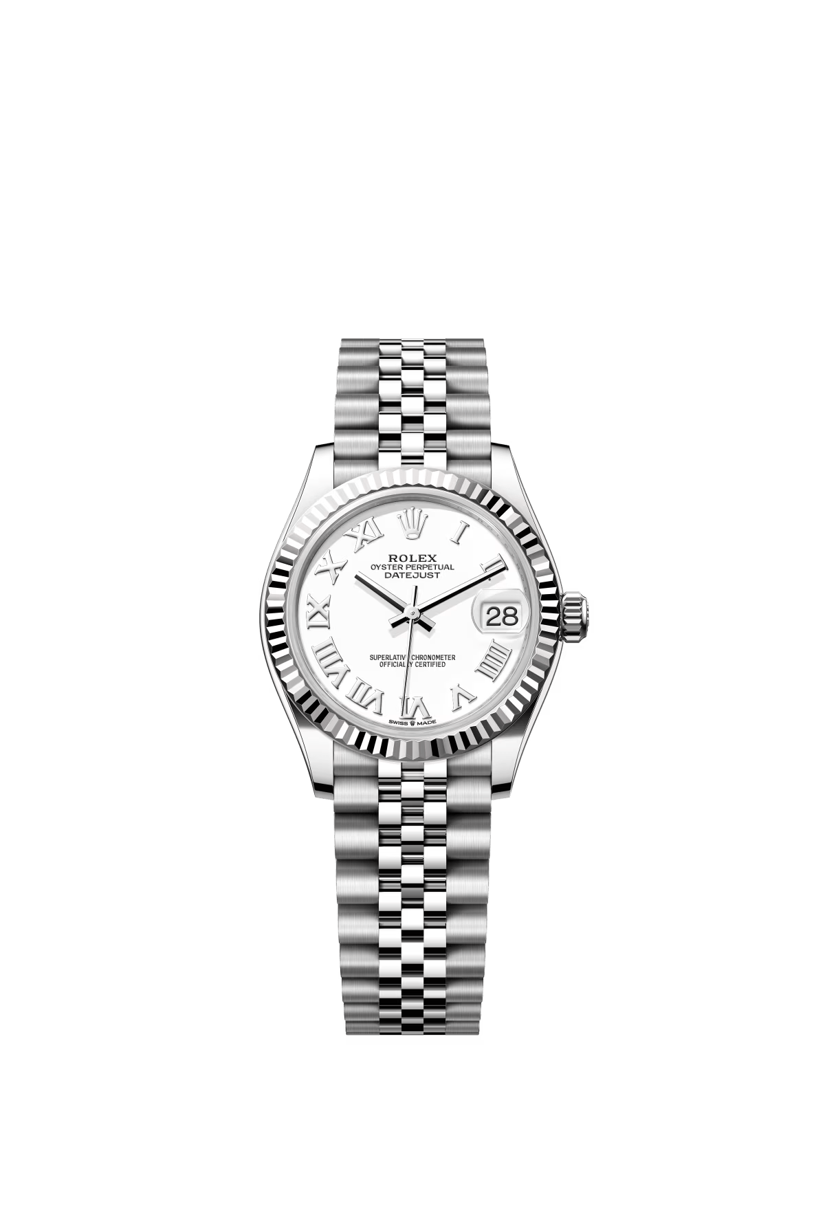 The Oyster Perpetual Datejust 31 is available in white gold and Oystersteel with a white dial and Jubilee bracelet. -m278274-0010