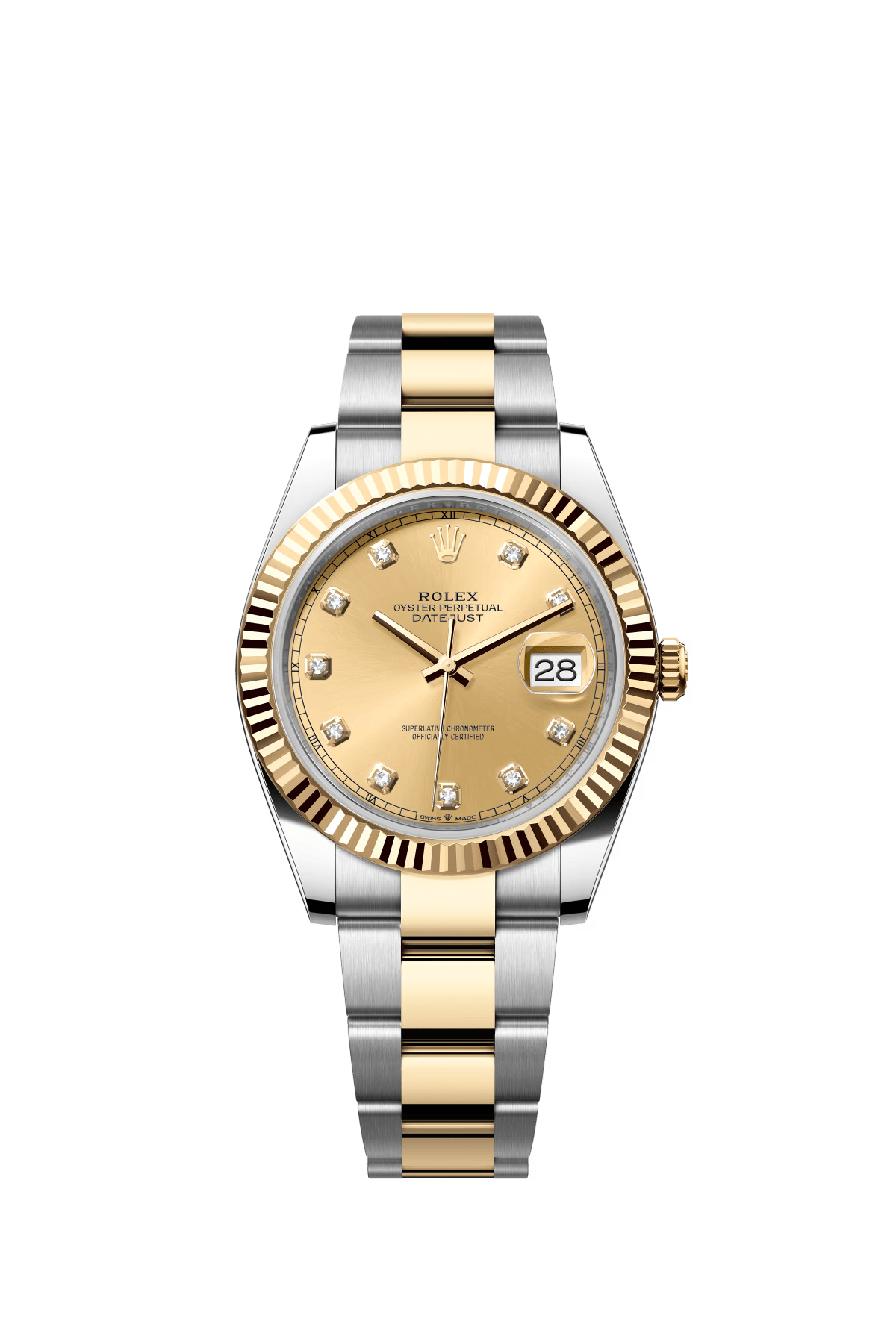The Oyster Perpetual Datejust 41 is available in yellow gold and Oysteel, with a champagne-coloured diamond-set dial and an Oyster bracelet. -m126333-0011