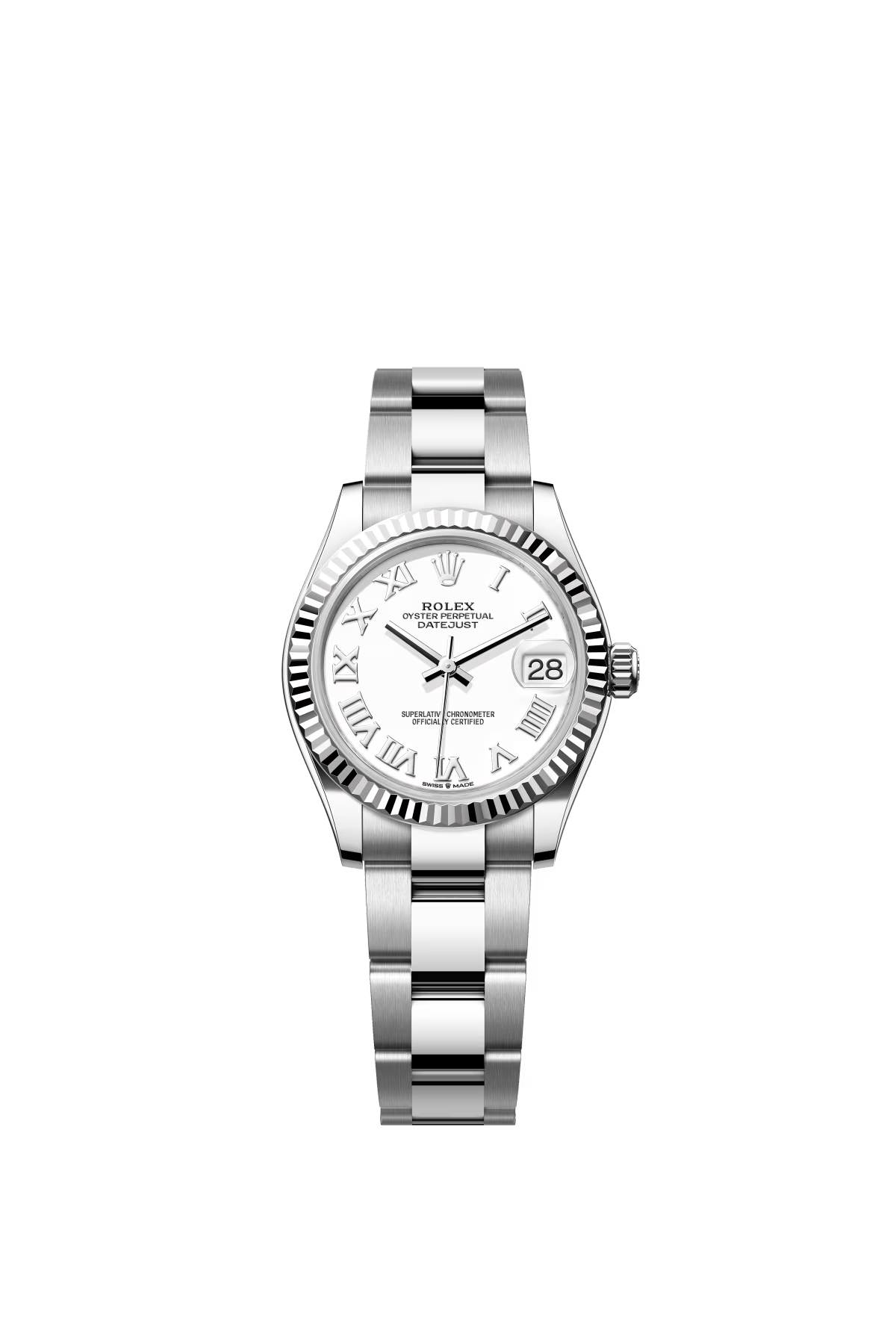 The Oyster Perpetual Datejust 31 is available in white gold and Oystersteel with a white dial and Oyster bracelet. -m278274-0009