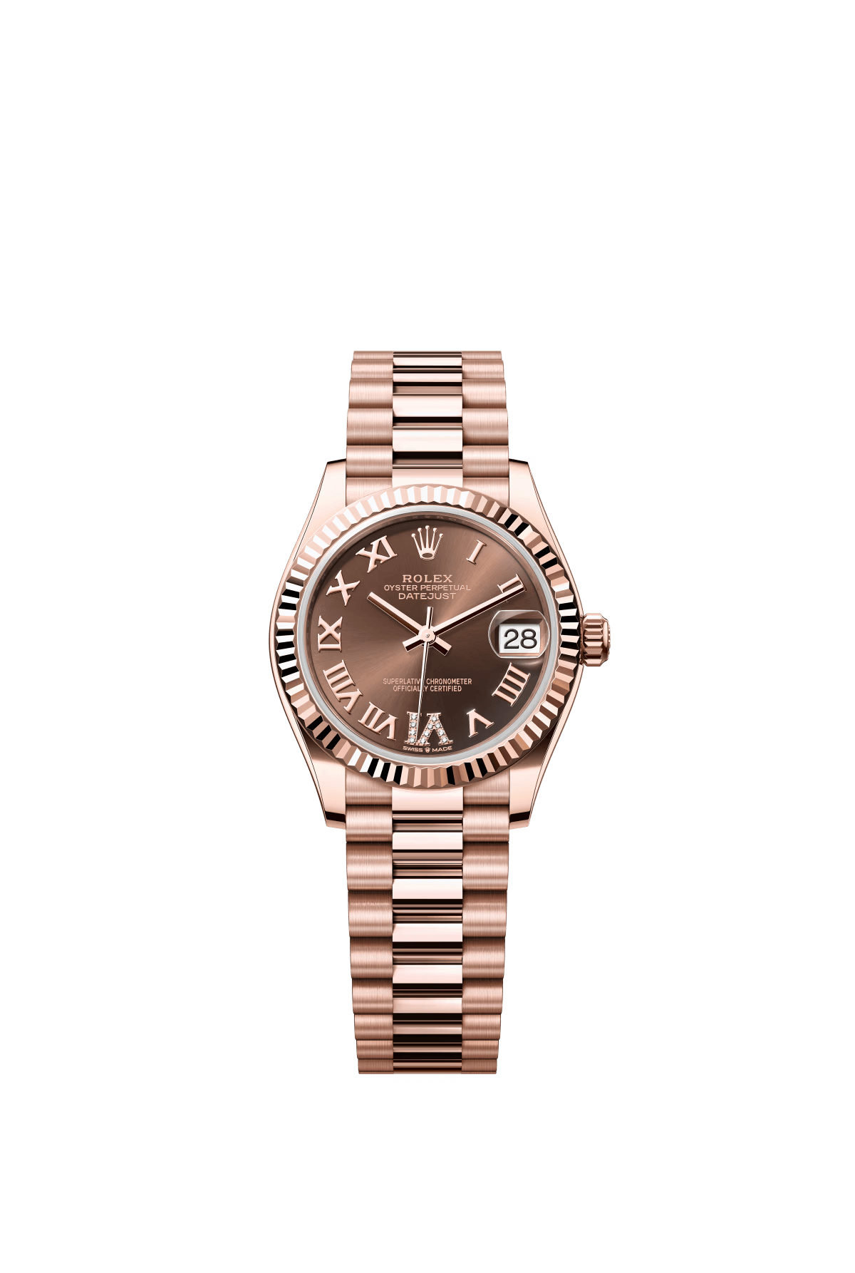 The Oyster Perpetual Datejust 31 in 18 ct Everose gold with a chocolate-coloured diamond-set dial and a President bracelet. -m278275-0025