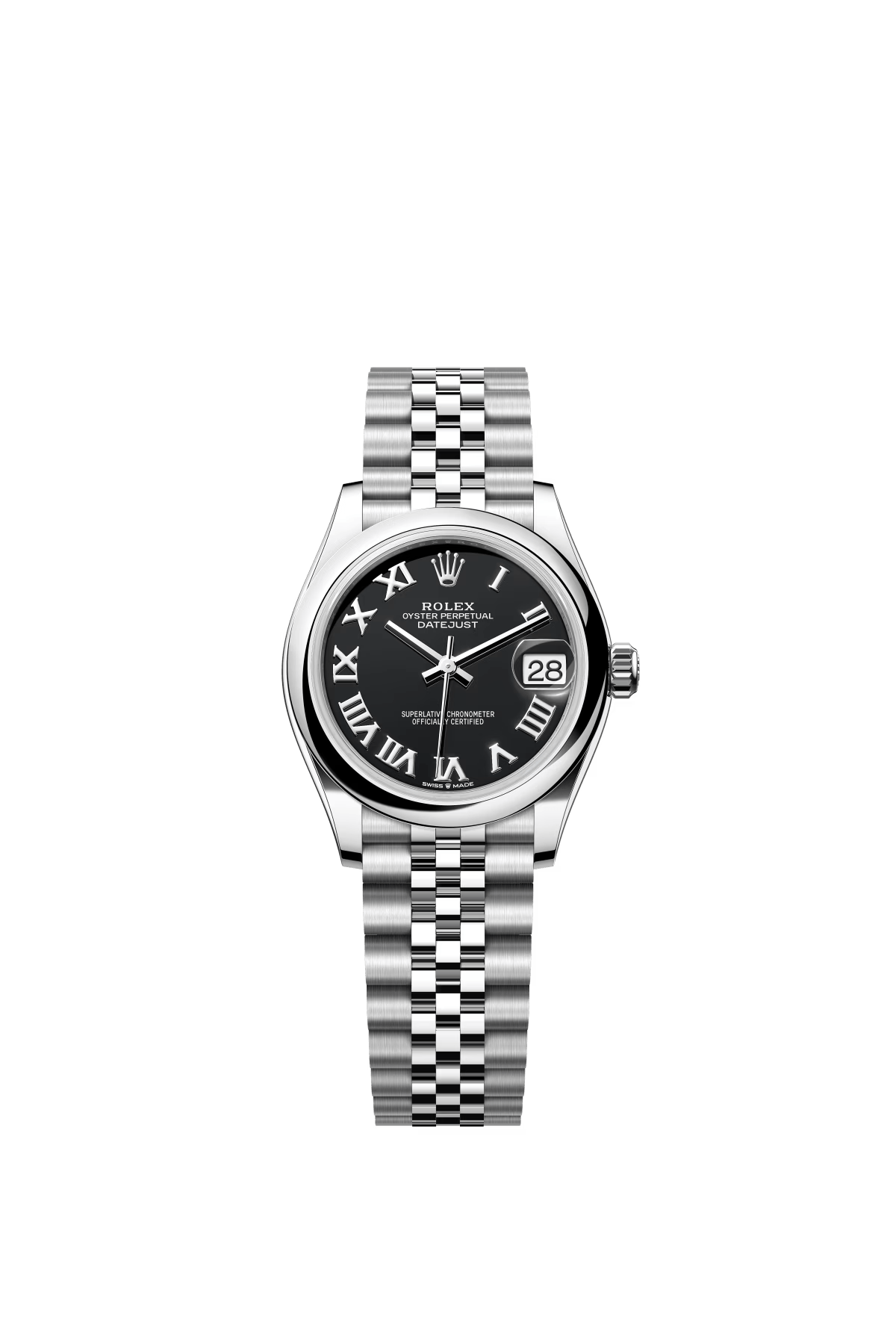 The Oyster Perpetual Datejust 31 is made of Oyster steel with a glossy black dial and a Jubilee bracelet. -m278240-0002