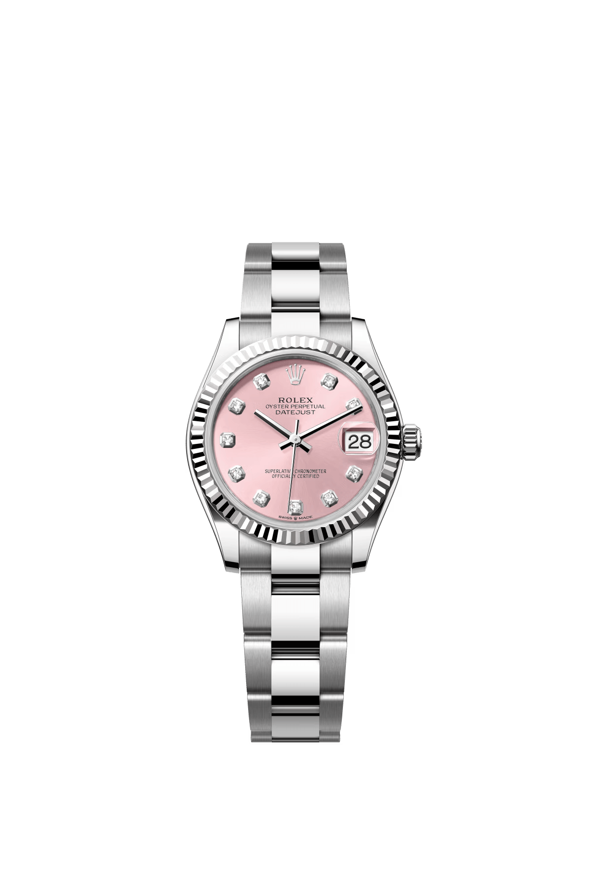 The Oyster Perpetual Datejust 31 is available in white gold and Oystersteel with a pink diamond-set dial and an Oyster bracelet. -m278274-0031