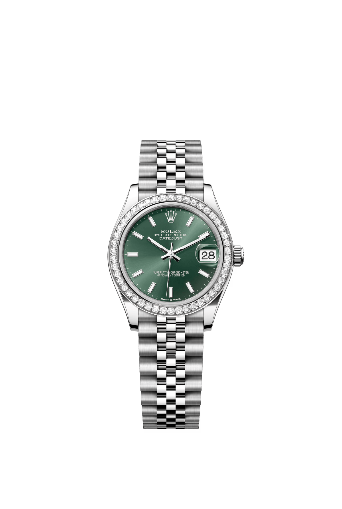 The Oyster Perpetual Datejust 31 is available in white gold and Oystersteel with a mint green dial and a Jubilee bracelet. -m278384rbr-0022