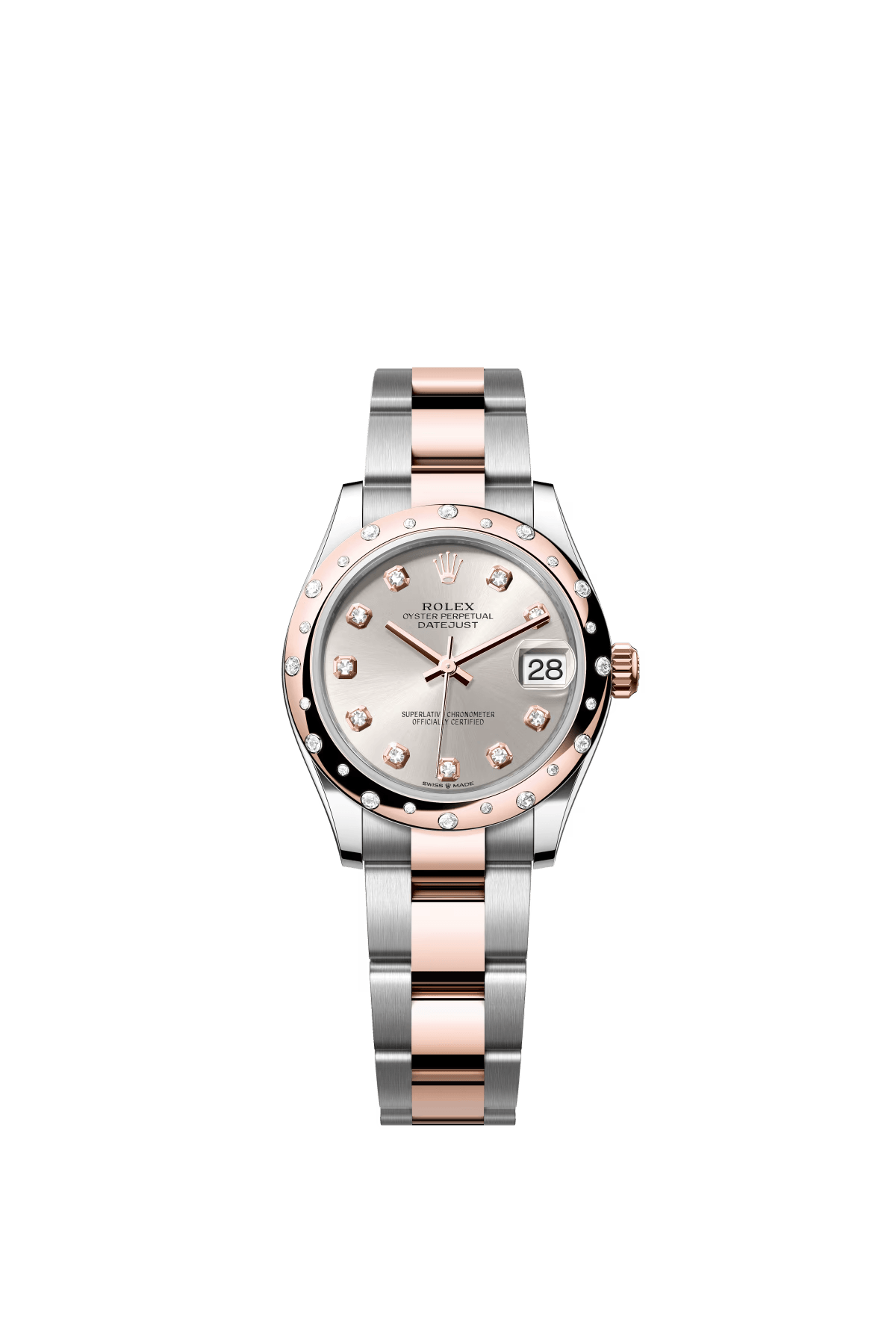 The Oyster Perpetual Datejust 31 is available in Everose gold and Oysteel, with a silver-toned diamond-set dial and an Oyster bracelet. -m278341rbr-0015