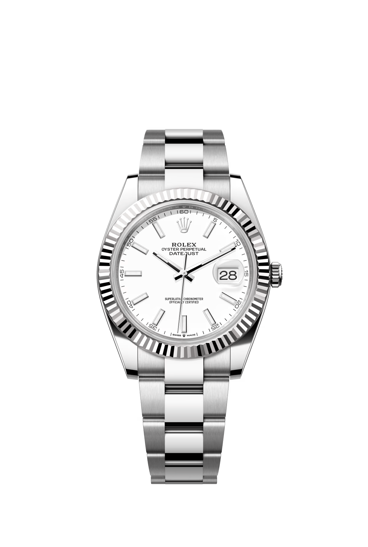 The Oyster Perpetual Datejust 41 is available in white gold and Oystersteel with a white dial and Oyster bracelet. -m126334-0009