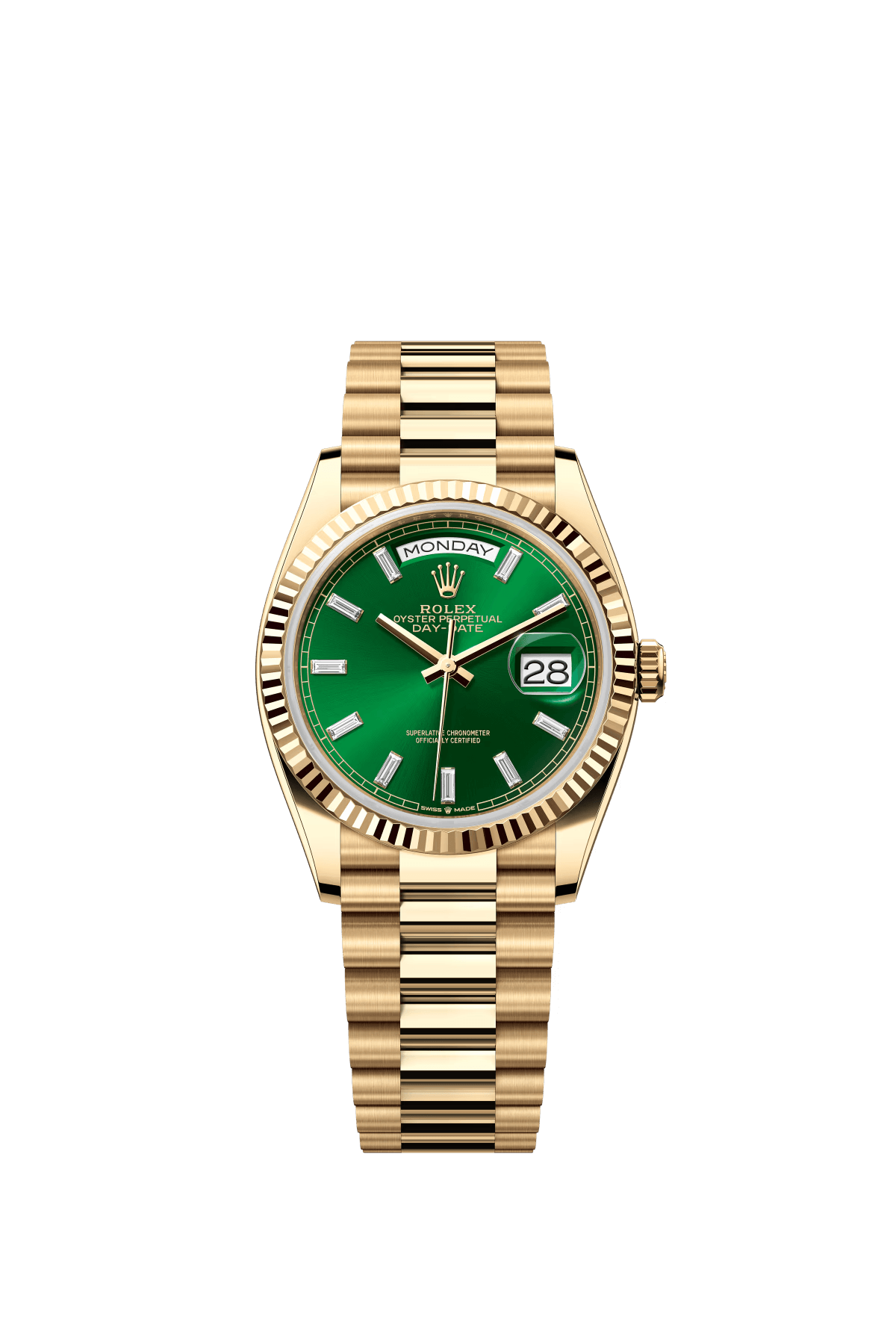 The Oyster Perpetual Day-Date 36 in 18 ct yellow gold with a brilliant green diamond-set dial, fluted bezel and President bracelet. -m128238-0130