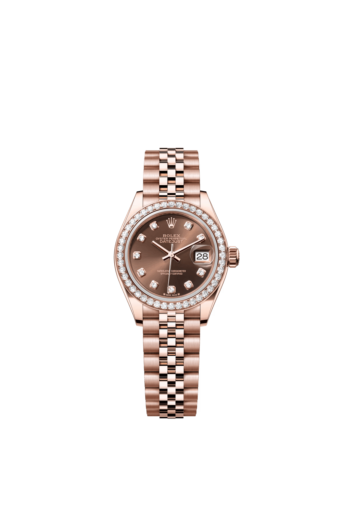 The Oyster Perpetual Lady-Datejust in 18-carat Everose gold with a chocolate-coloured diamond-set dial and a Jubilee bracelet. -m279135rbr-0018 28mm