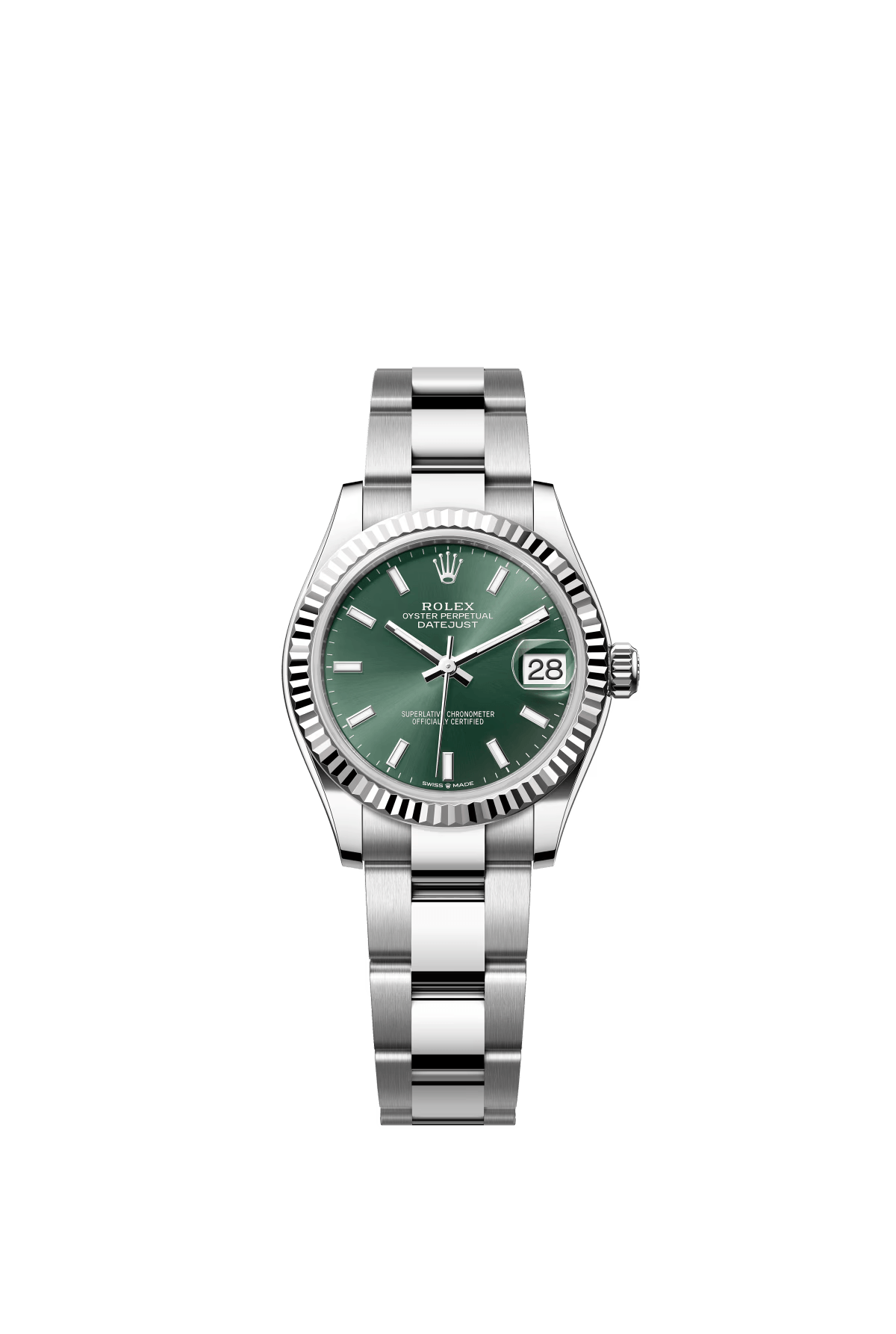 The Oyster Perpetual Datejust 31 is available in white gold and Oystersteel with a mint green dial and an Oyster bracelet. -m278274-0017